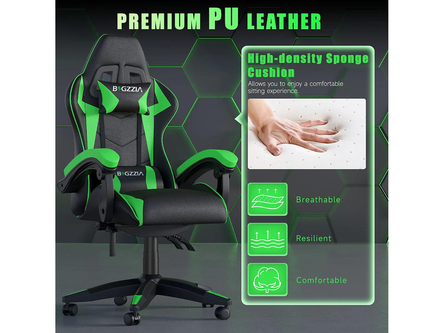 Fauteuil de gaming inclinable à dossier haut en cuir PU, avec appui-tête et soutien lombaire