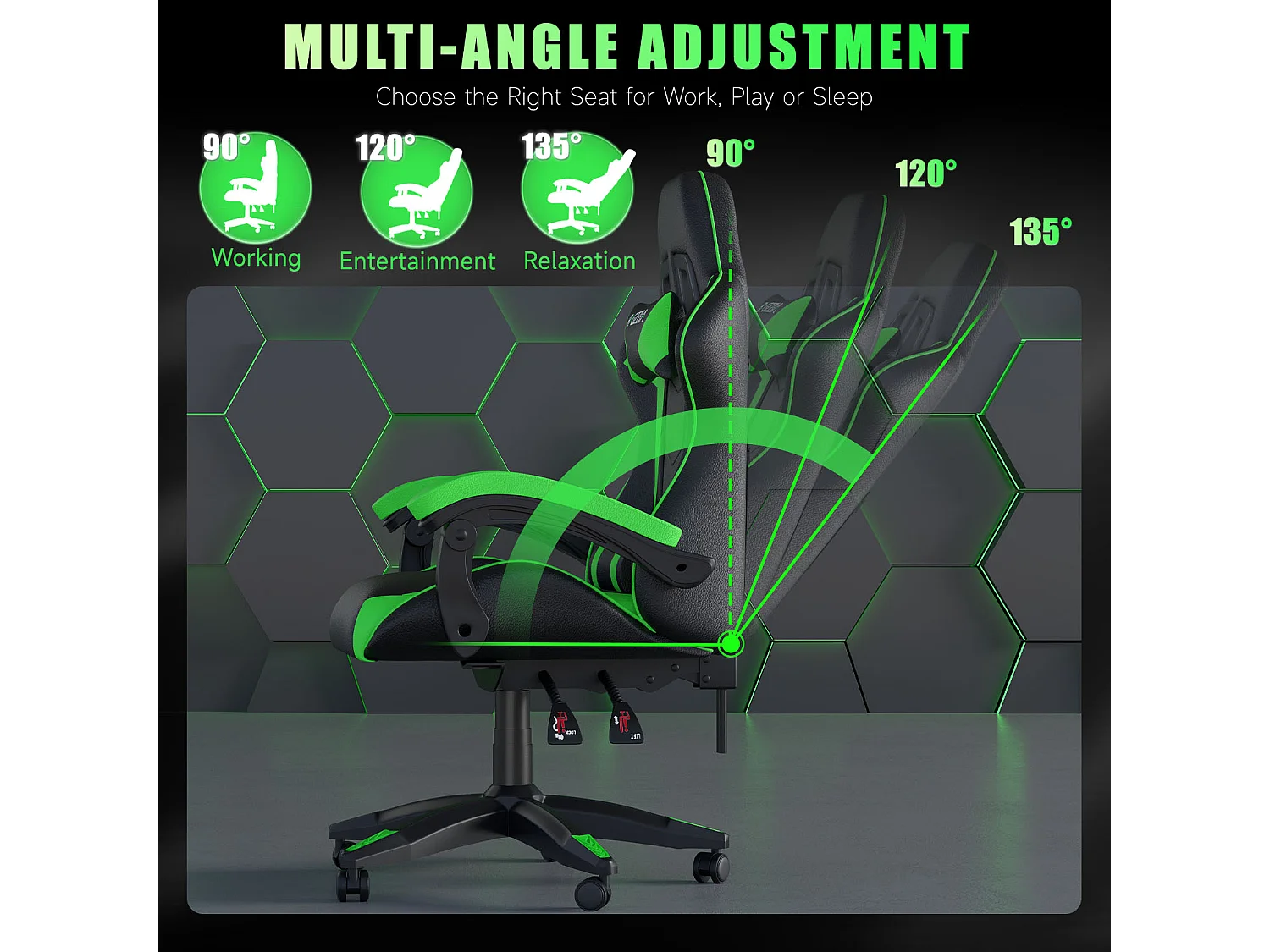 Fauteuil de gaming inclinable à dossier haut en cuir PU, avec appui-tête et soutien lombaire