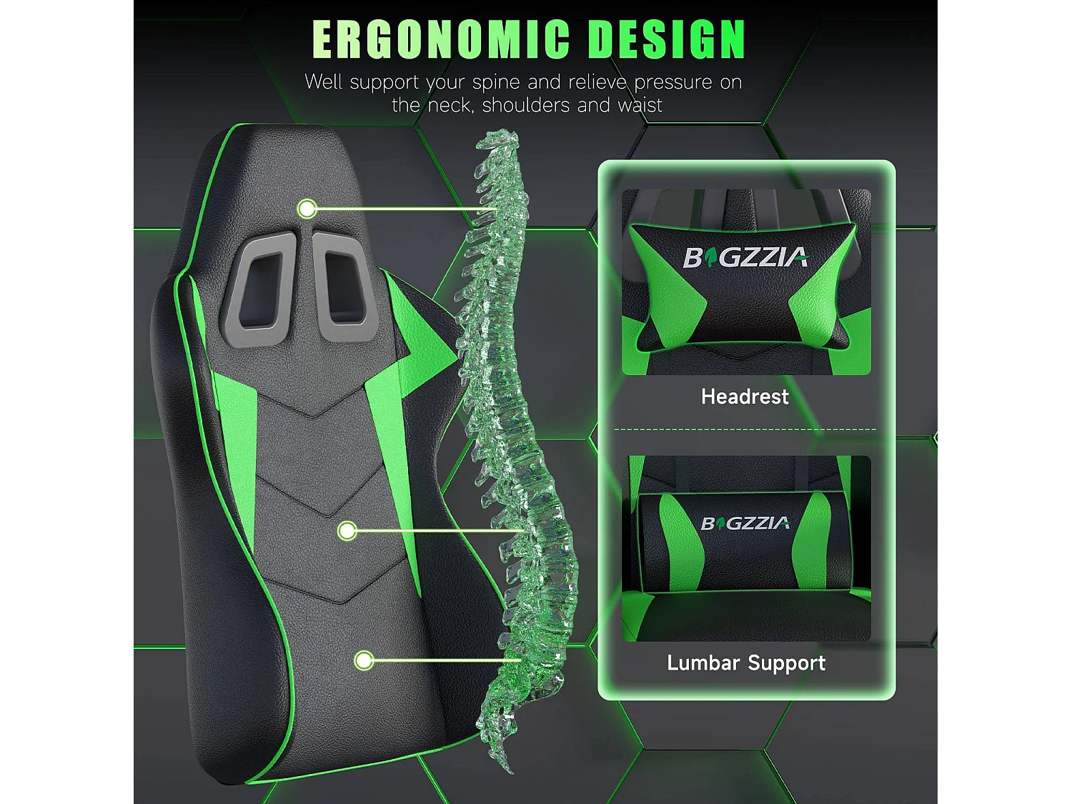 Fauteuil de gaming inclinable à dossier haut en cuir PU, avec appui-tête et soutien lombaire