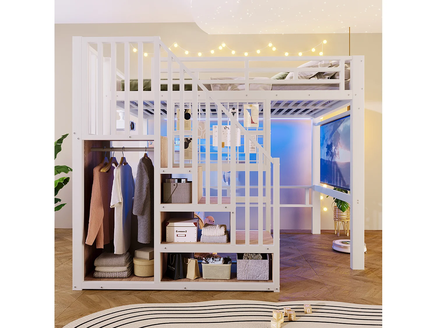 Lit mezzanine en fer - 140 x 200 cm - avec escalier de rangement + penderie + Leds - MDF + métal - blanc