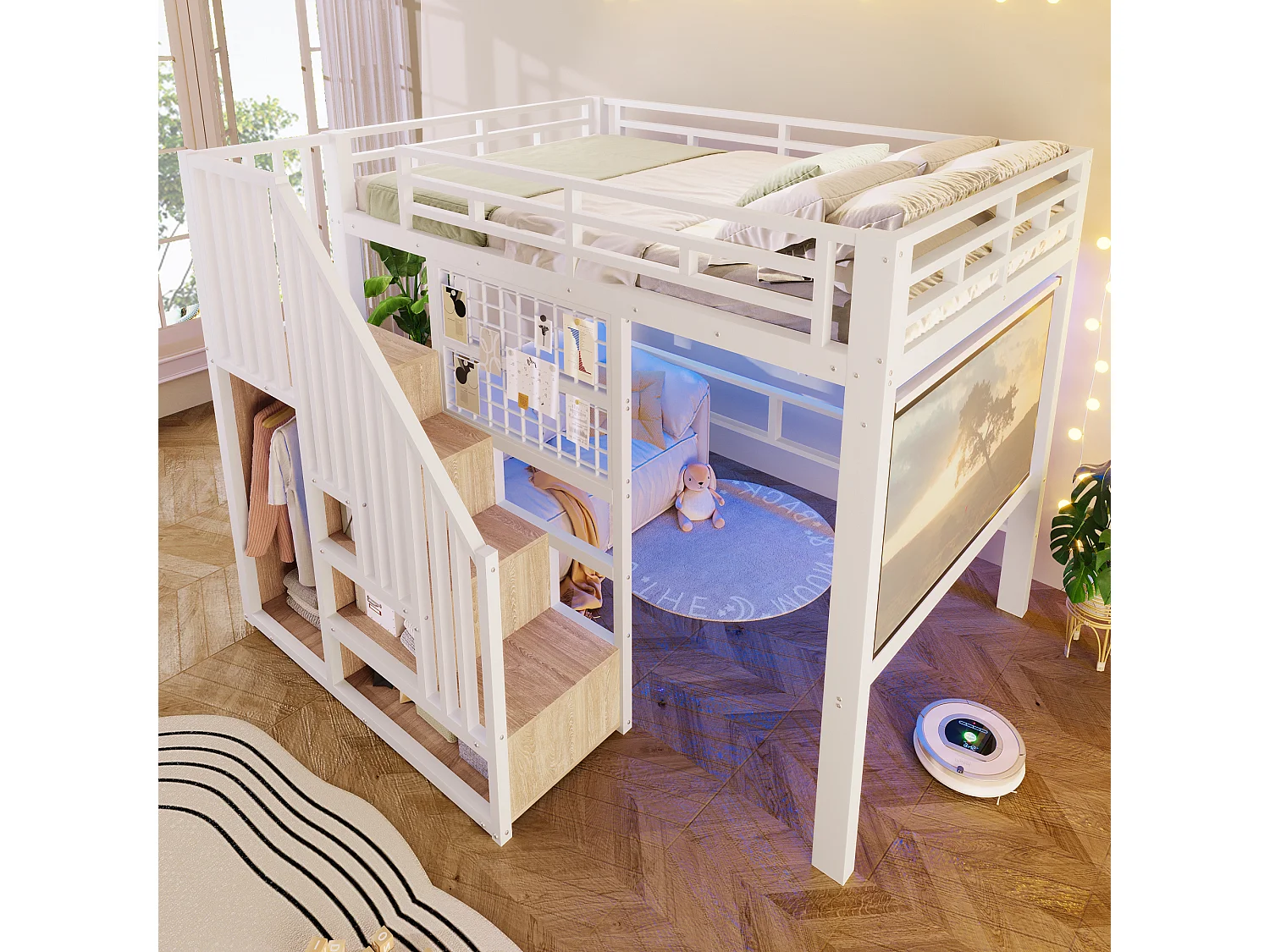 Lit mezzanine en fer - 140 x 200 cm - avec escalier de rangement + penderie + Leds - MDF + métal - blanc