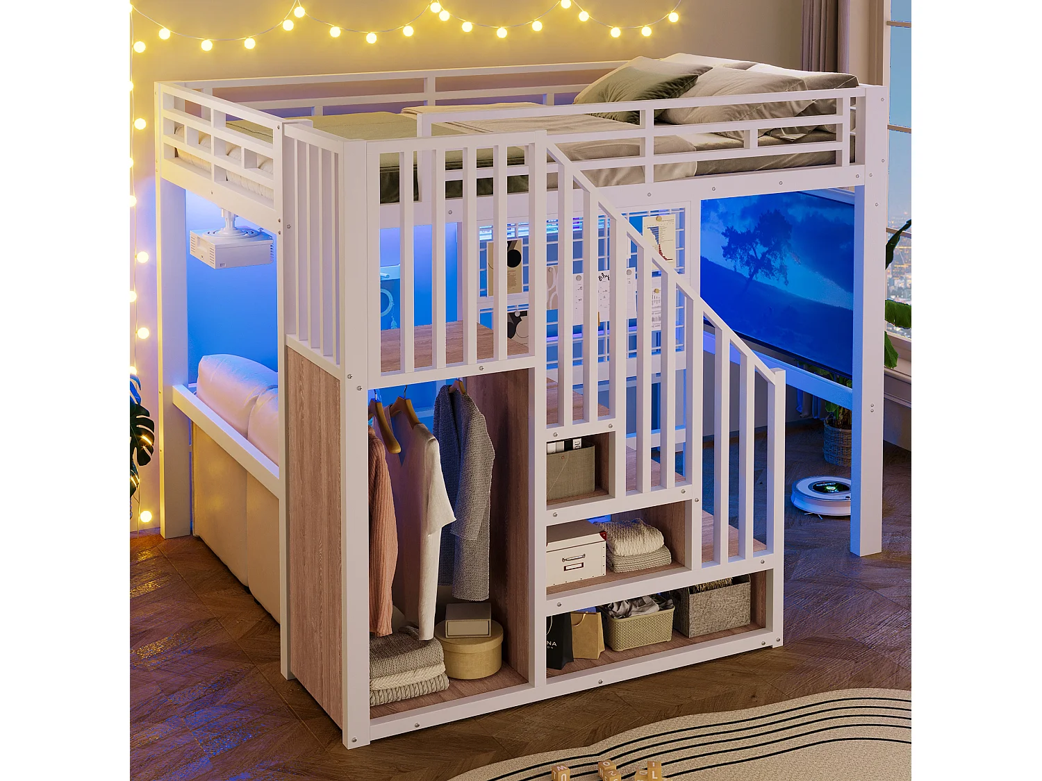 Lit mezzanine en fer - 140 x 200 cm - avec escalier de rangement + penderie + Leds - MDF + métal - blanc