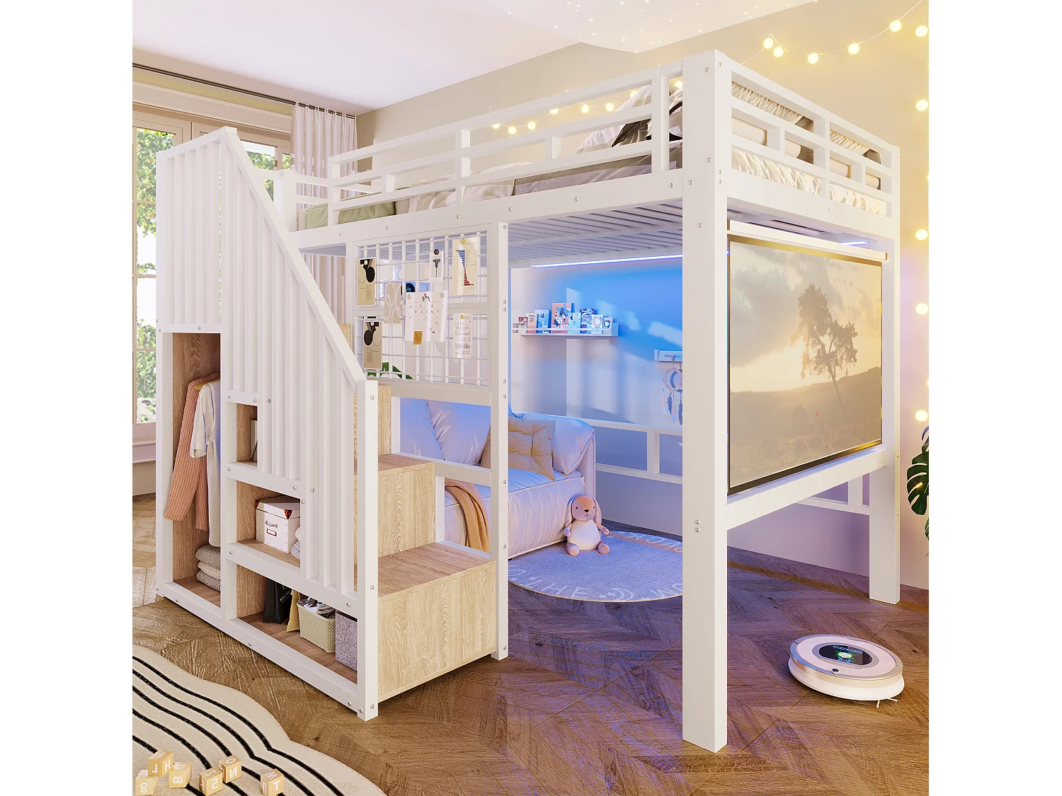 Lit mezzanine en fer - 140 x 200 cm - avec escalier de rangement + penderie + Leds - MDF + métal - blanc