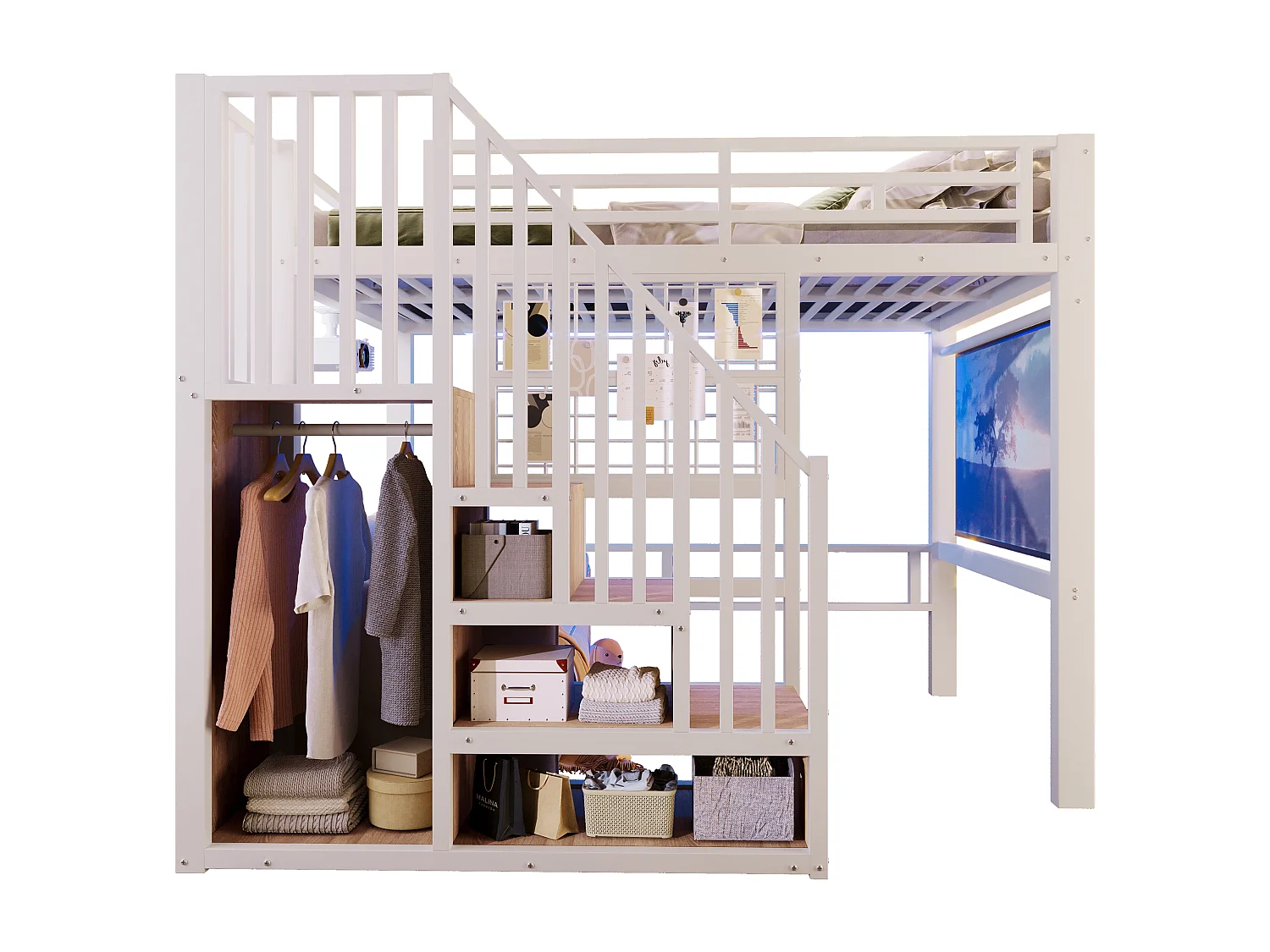 Lit mezzanine en fer - 140 x 200 cm - avec escalier de rangement + penderie + Leds - MDF + métal - blanc