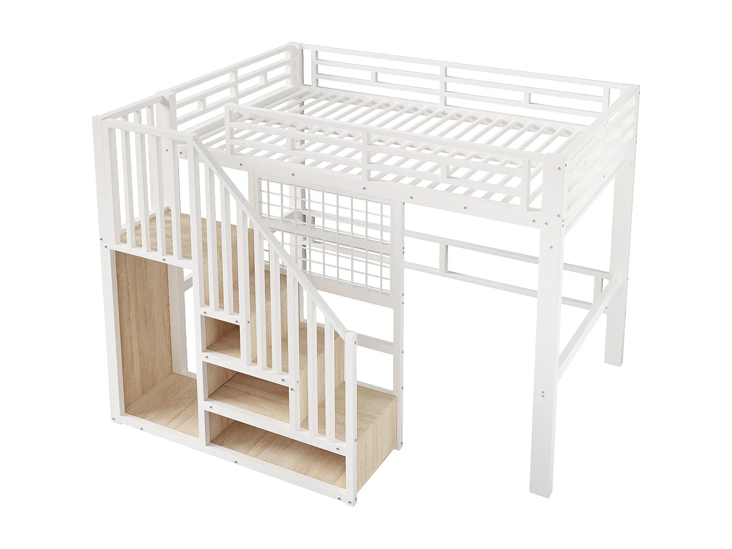 Lit mezzanine en fer - 140 x 200 cm - avec escalier de rangement + penderie + Leds - MDF + métal - blanc