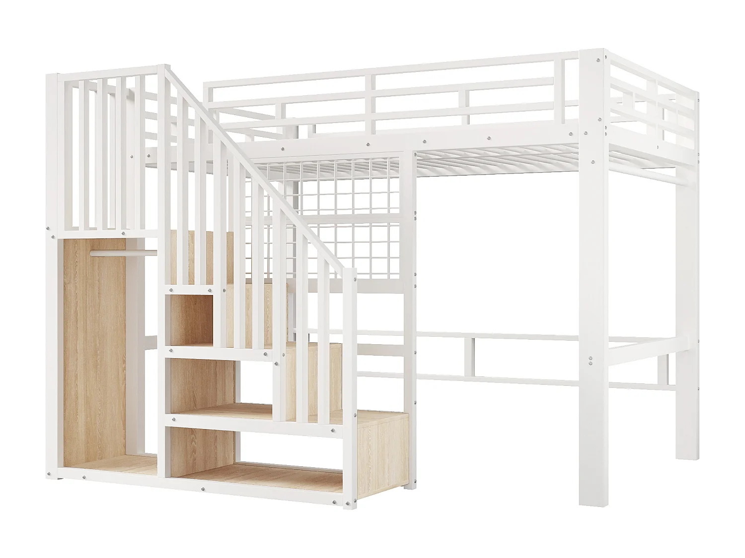 Lit mezzanine en fer - 140 x 200 cm - avec escalier de rangement + penderie + Leds - MDF + métal - blanc