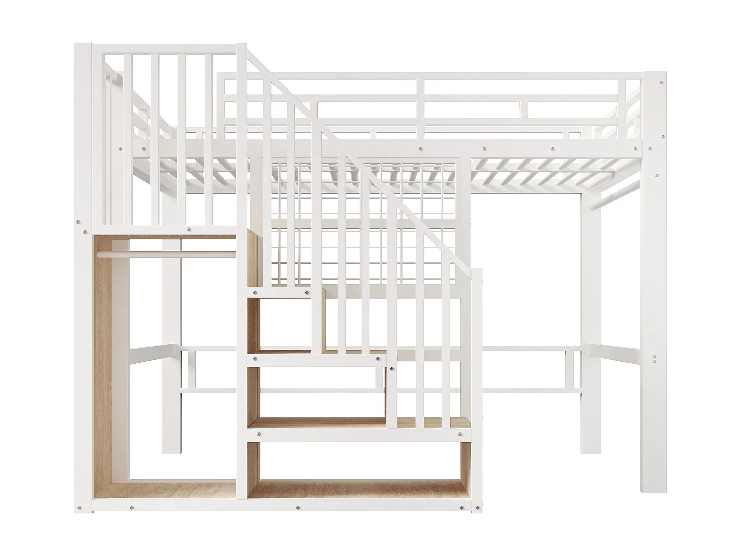 Lit mezzanine en fer - 140 x 200 cm - avec escalier de rangement + penderie + Leds - MDF + métal - blanc