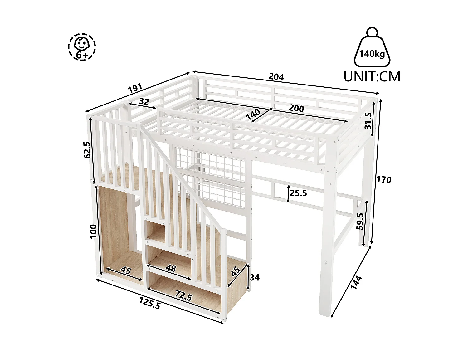 Lit mezzanine en fer - 140 x 200 cm - avec escalier de rangement + penderie + Leds - MDF + métal - blanc