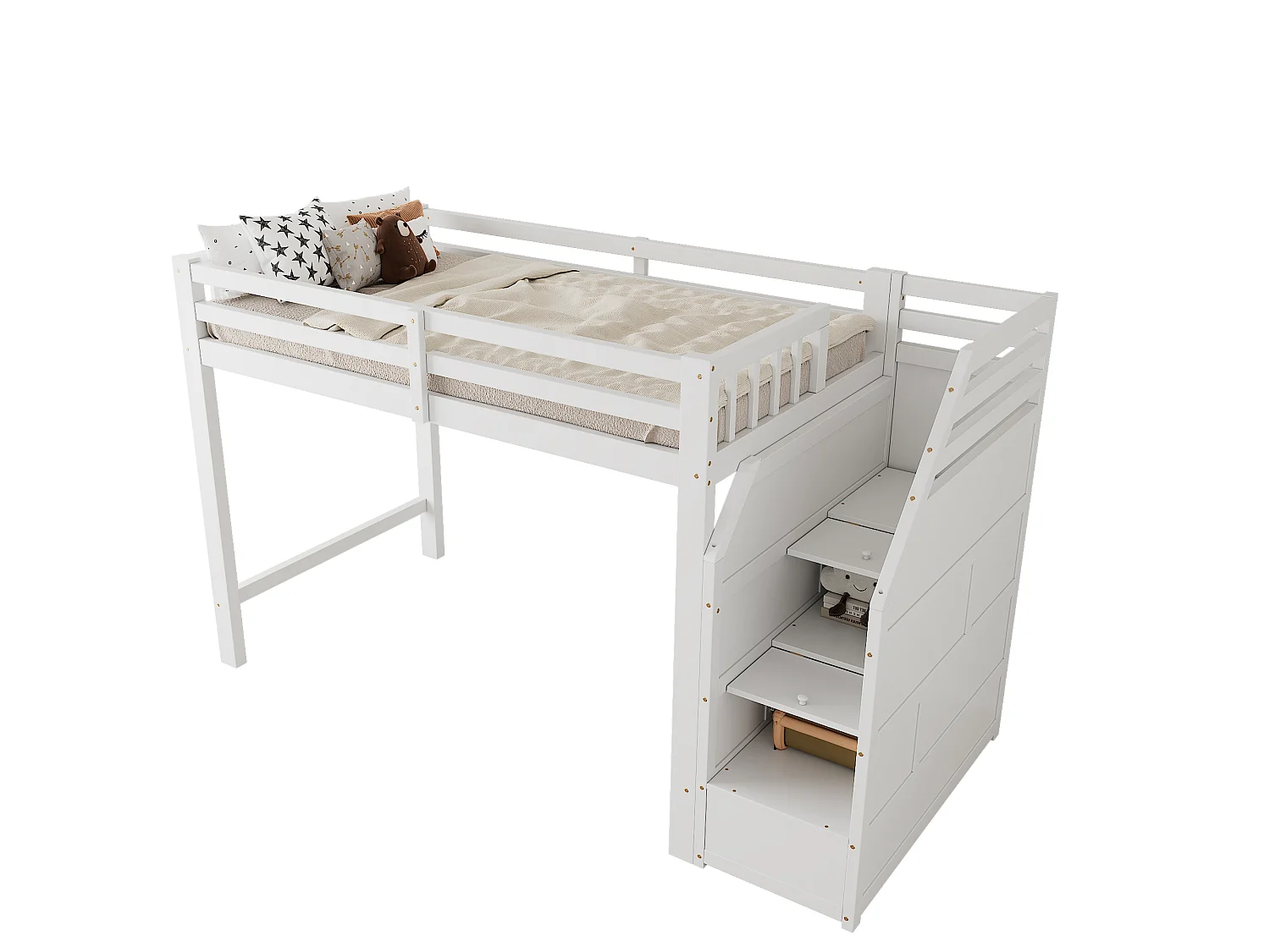 Lit mezzanine 90x200 cm en bois - avec barrières et escalier de rangement - Blanc