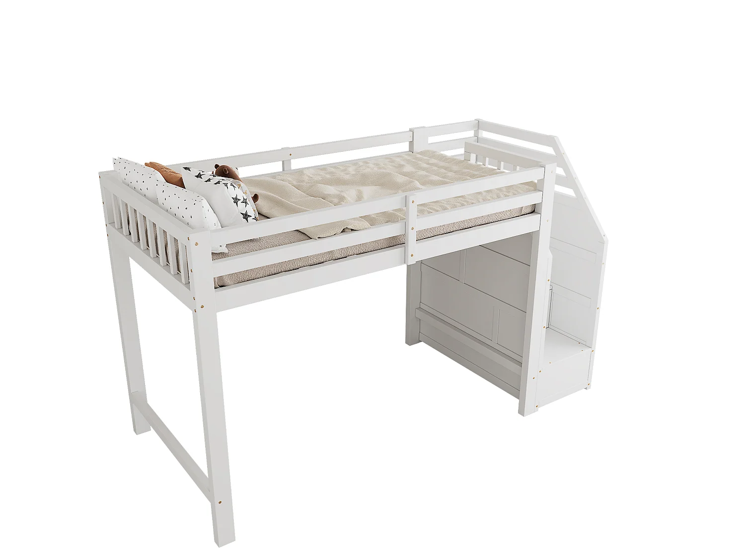 Lit mezzanine 90x200 cm en bois - avec barrières et escalier de rangement - Blanc