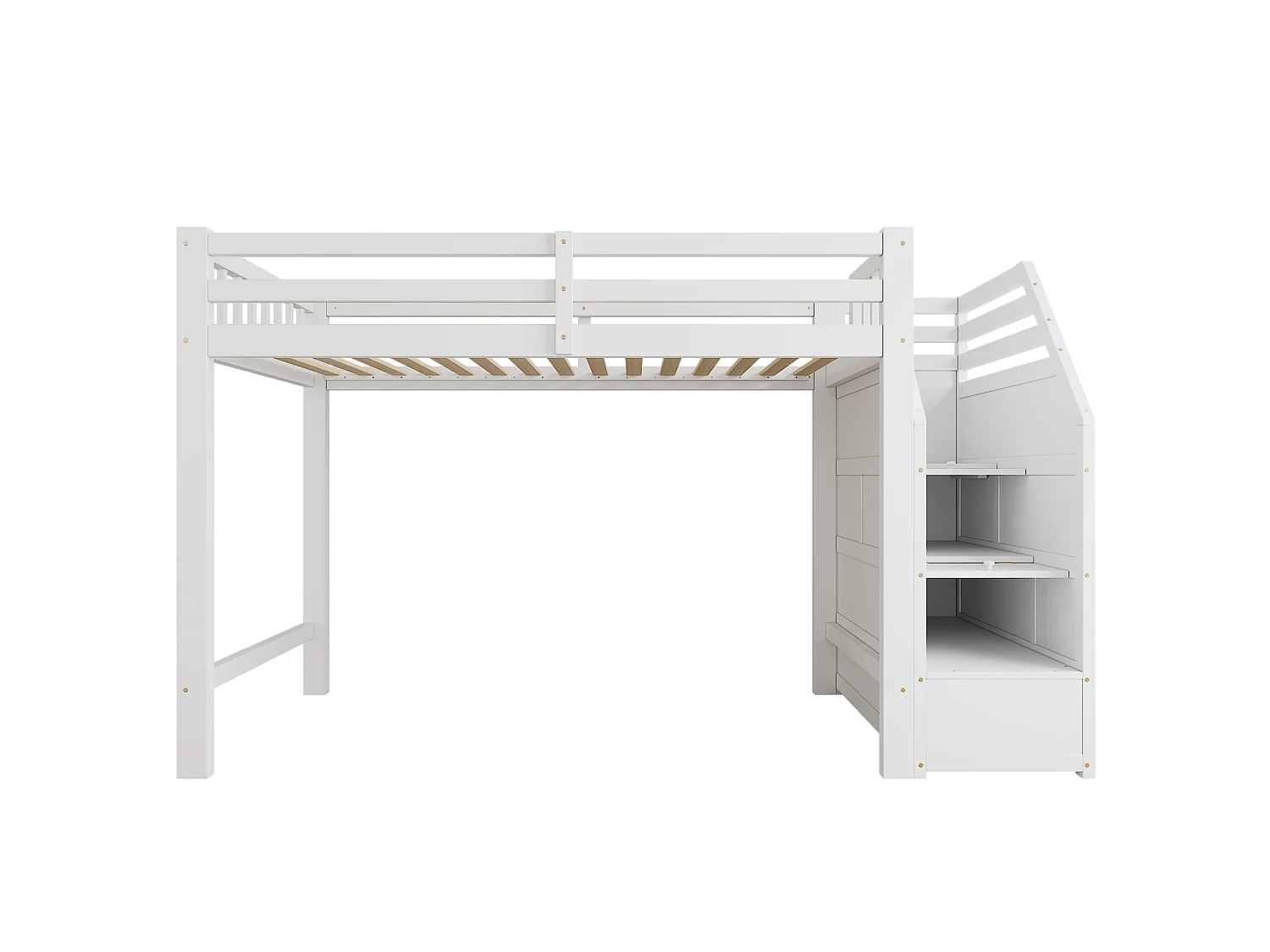 Lit mezzanine 90x200 cm en bois - avec barrières et escalier de rangement - Blanc