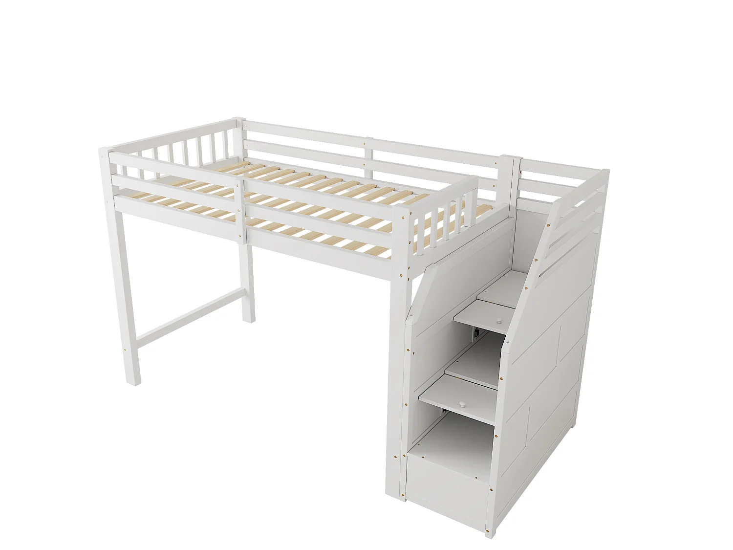 Lit mezzanine 90x200 cm en bois - avec barrières et escalier de rangement - Blanc