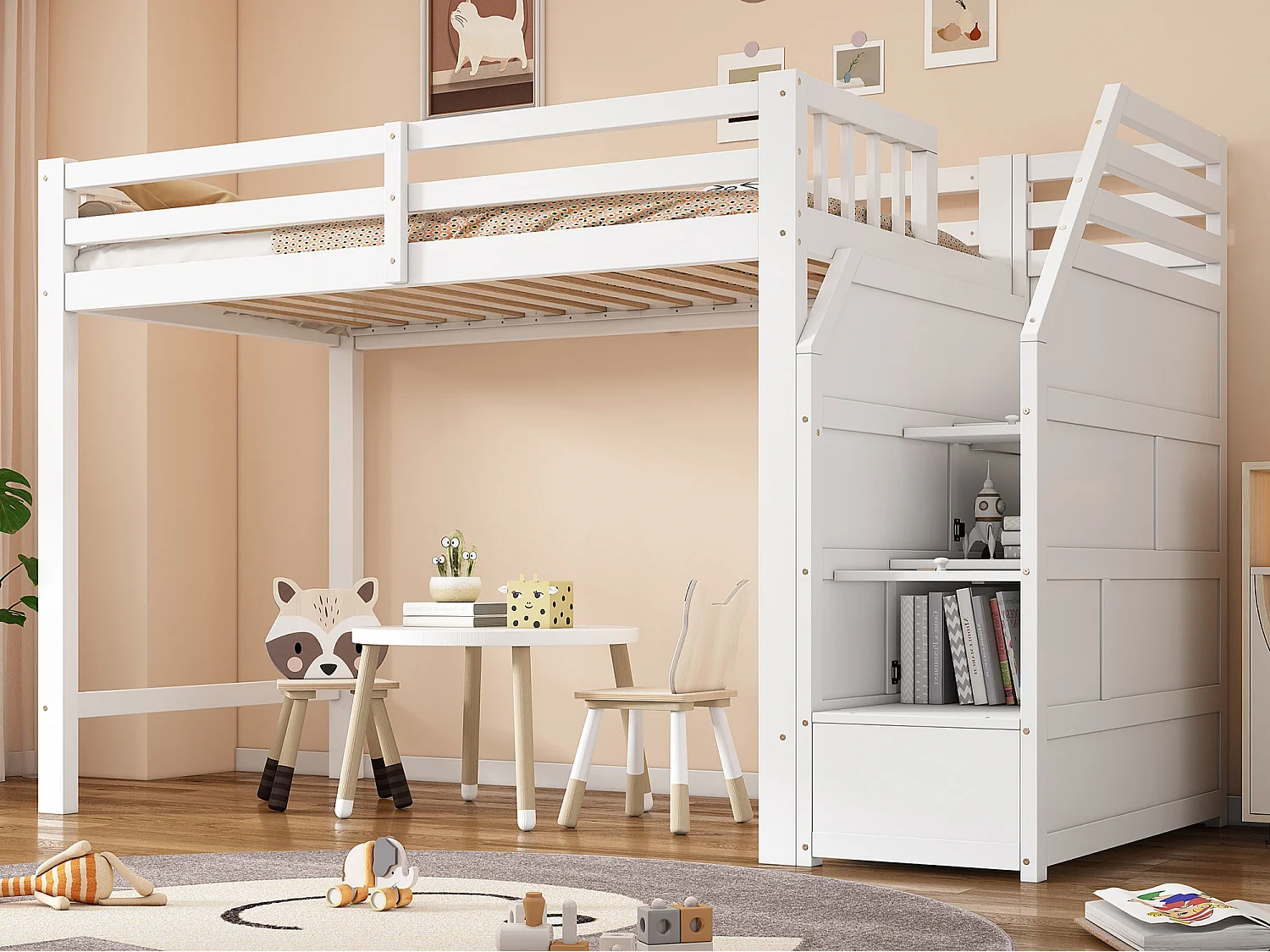 Lit mezzanine 90x200 cm en bois - avec barrières et escalier de rangement - Blanc