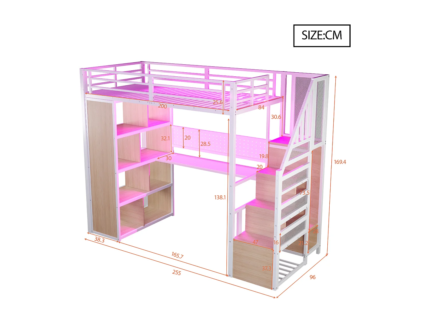 Lit mezzanine en métal 90 x 200 cm avec rangement, bureau, prises et LED - Blanc
