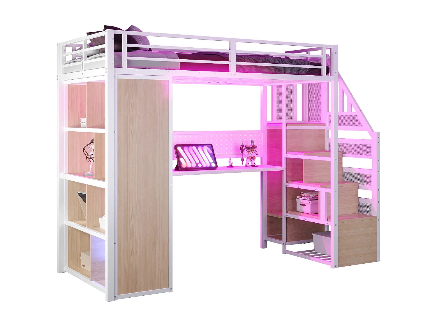 Lit mezzanine en métal 90 x 200 cm avec rangement, bureau, prises et LED - Blanc