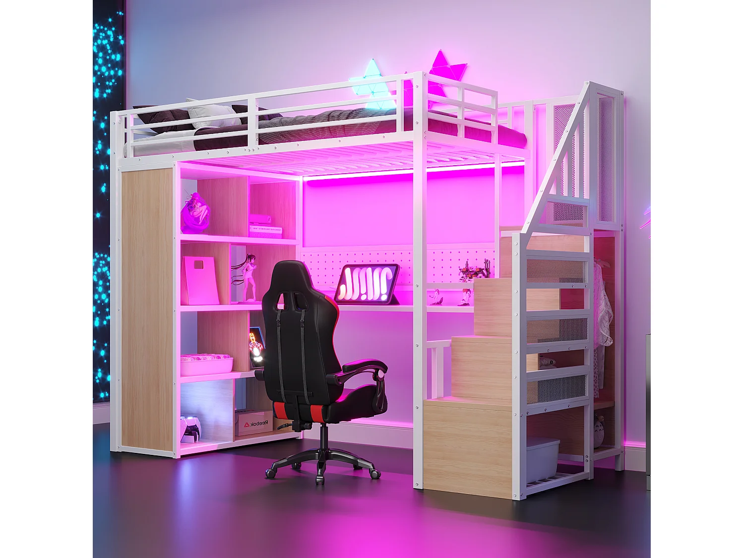 Lit mezzanine en métal 90 x 200 cm avec rangement, bureau, prises et LED - Blanc