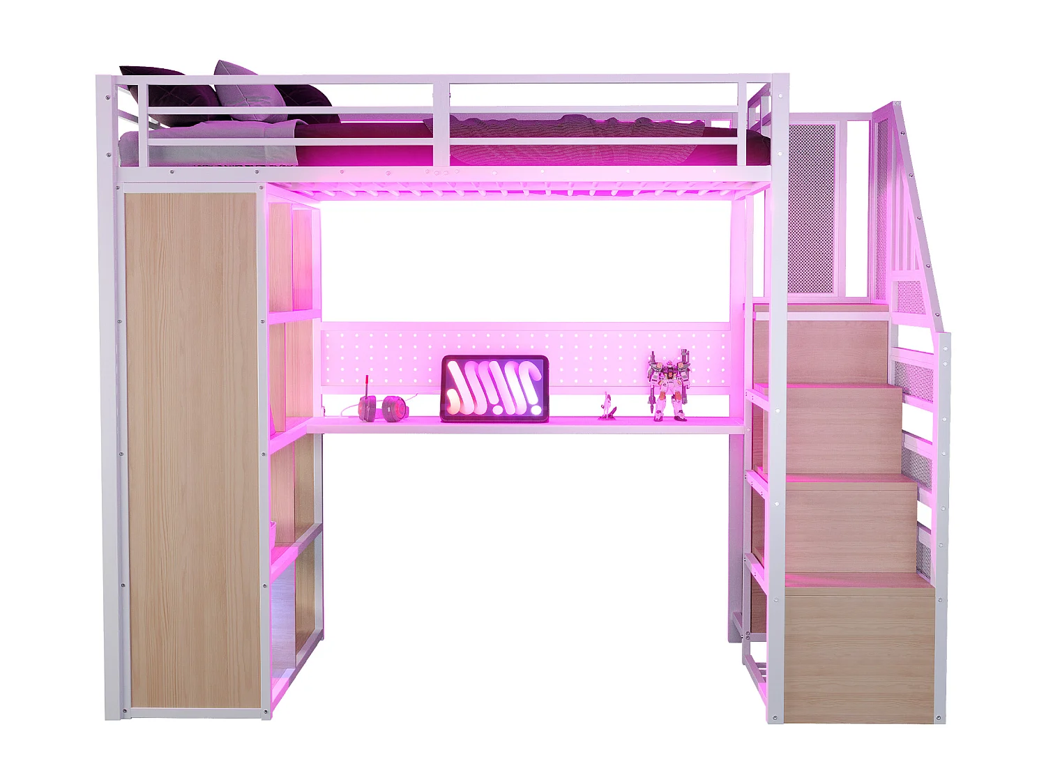 Lit mezzanine en métal 90 x 200 cm avec rangement, bureau, prises et LED - Blanc
