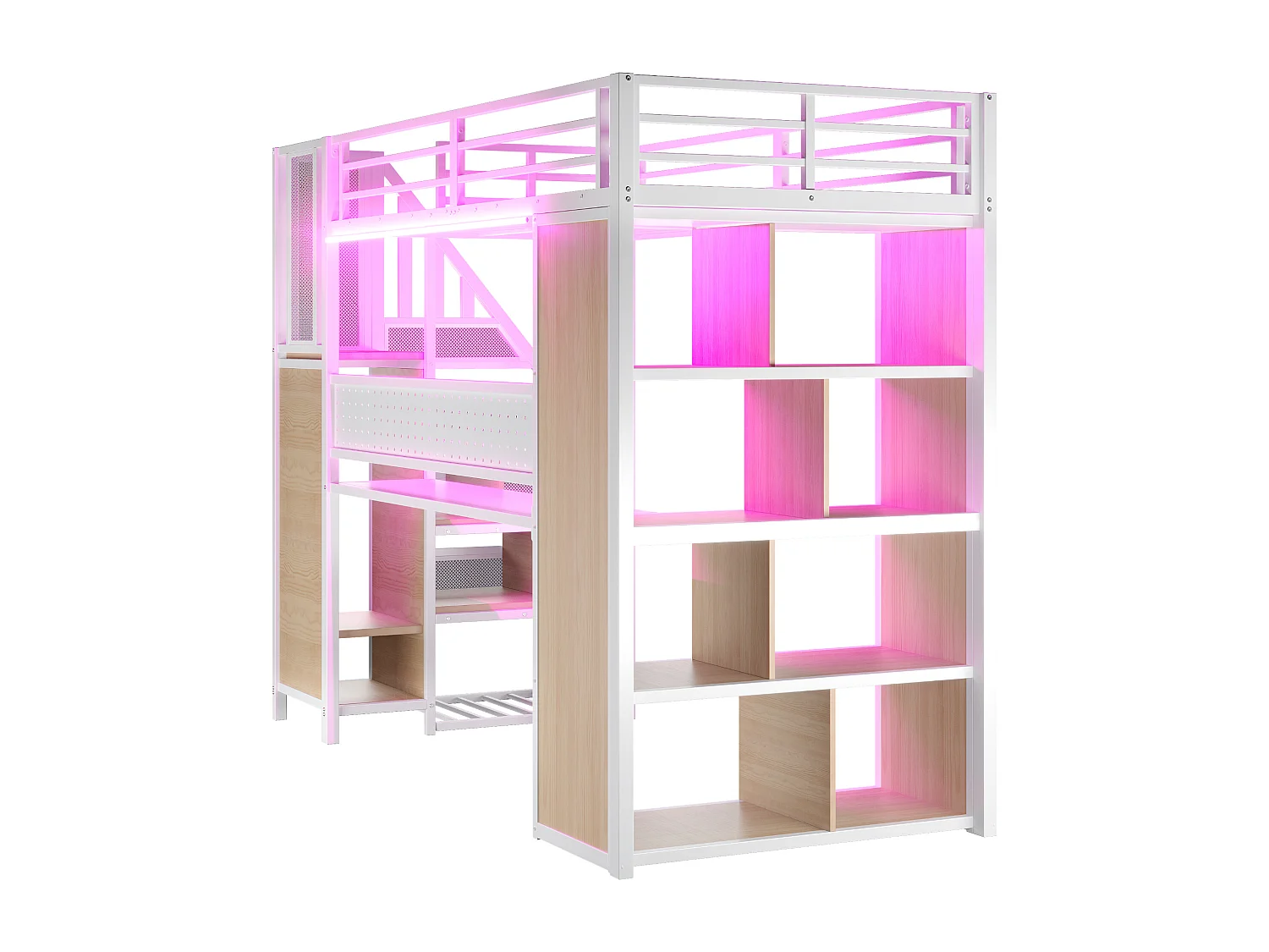 Lit mezzanine en métal 90 x 200 cm avec rangement, bureau, prises et LED - Blanc