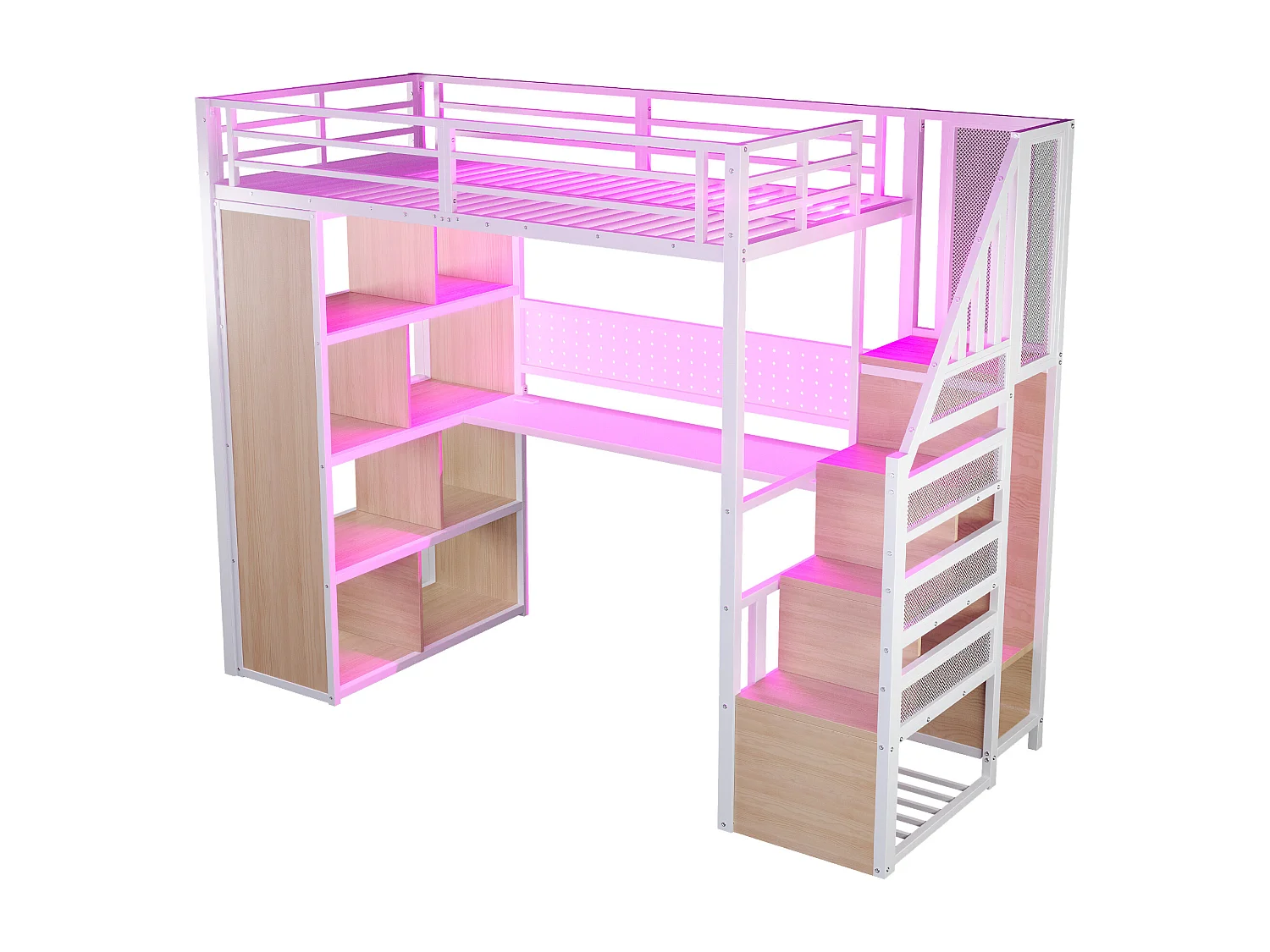 Lit mezzanine en métal 90 x 200 cm avec rangement, bureau, prises et LED - Blanc