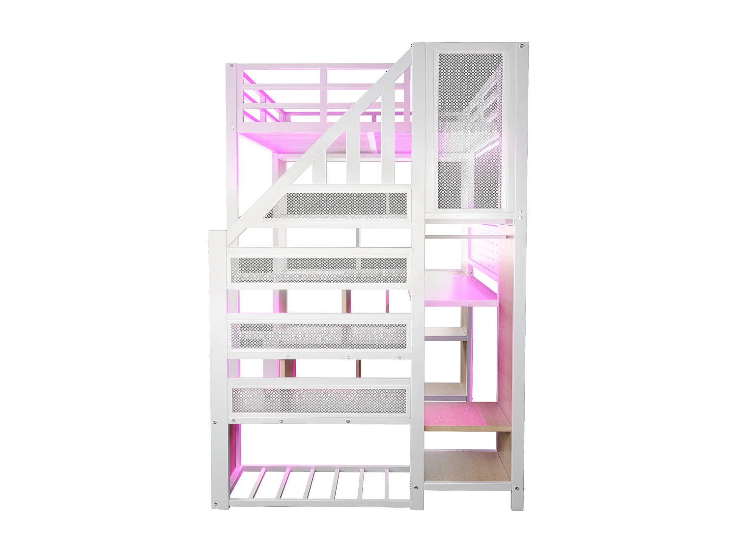 Lit mezzanine en métal 90 x 200 cm avec rangement, bureau, prises et LED - Blanc