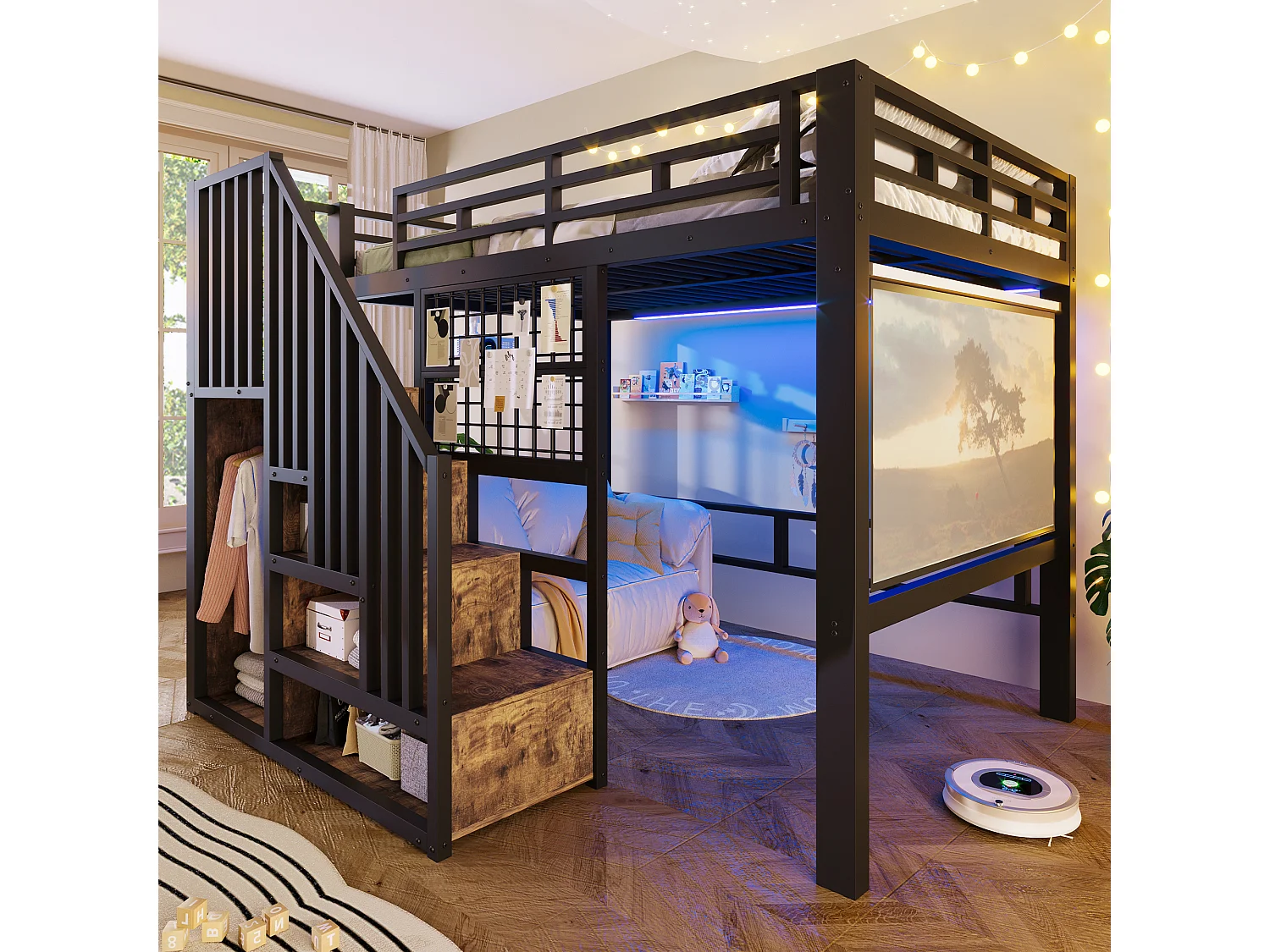 Lit mezzanine en fer - 140 x 200 cm - avec escalier de rangement + penderie + Leds - MDF + métal - noir