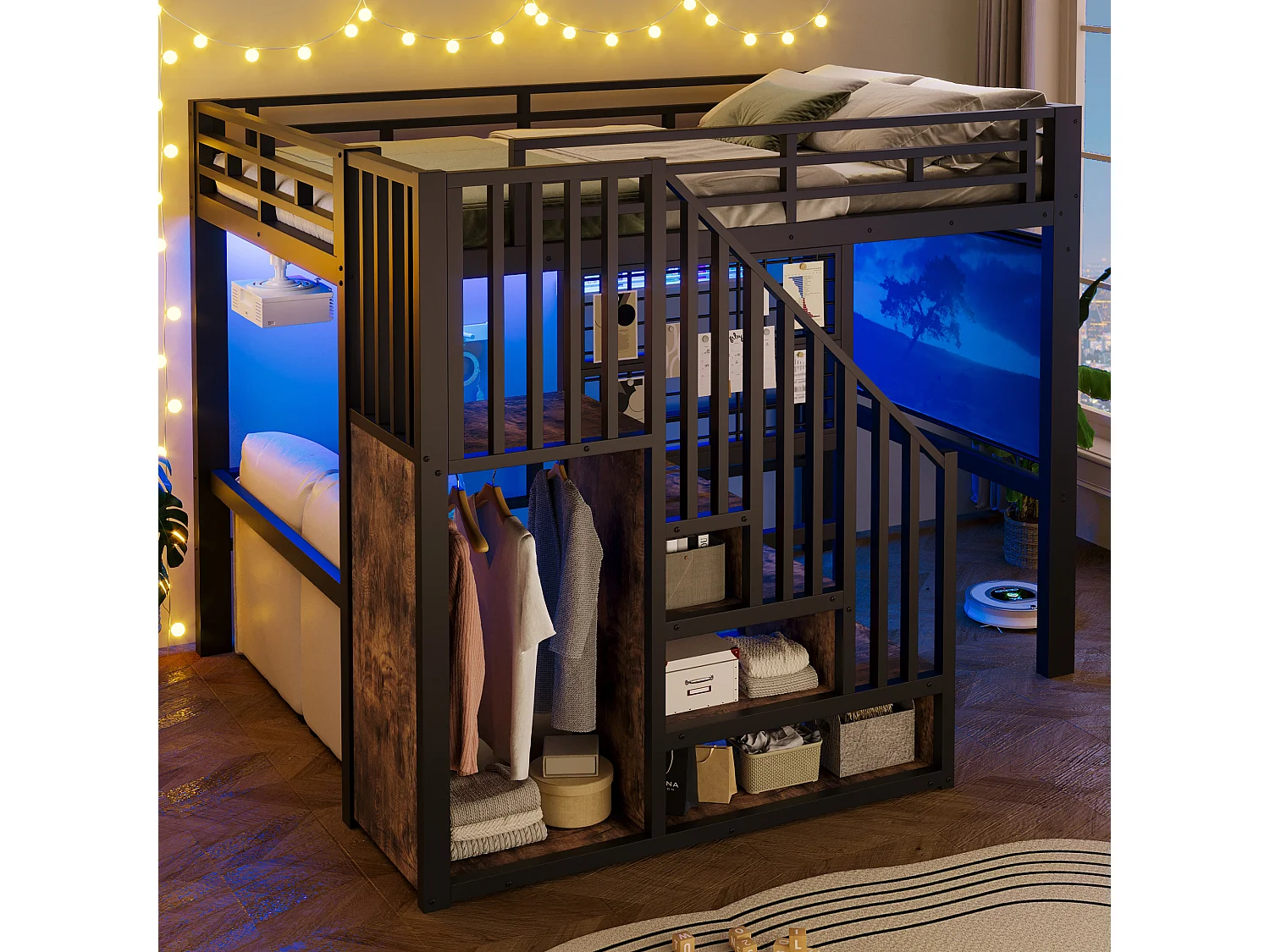 Lit mezzanine en fer - 140 x 200 cm - avec escalier de rangement + penderie + Leds - MDF + métal - noir