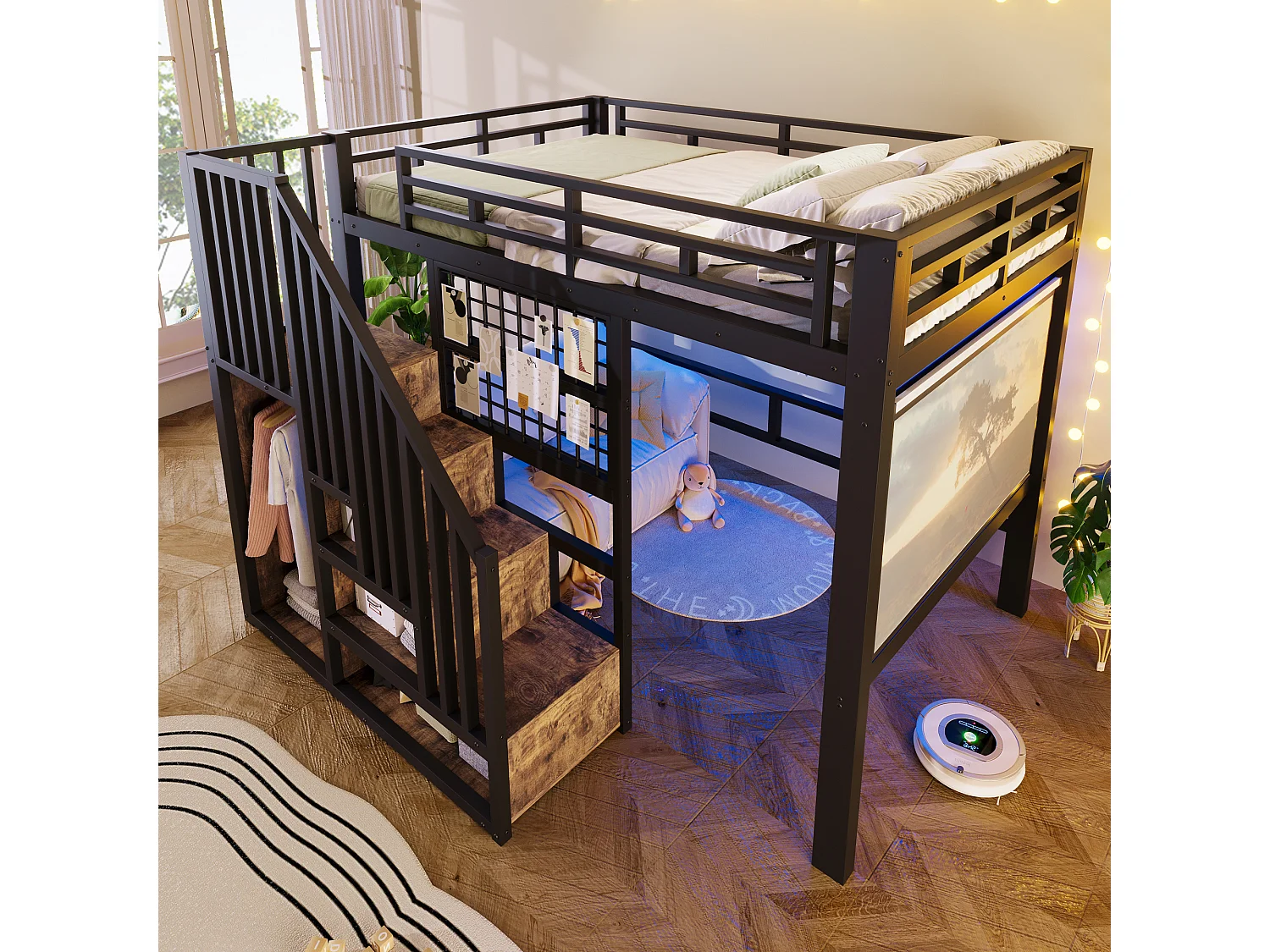 Lit mezzanine en fer - 140 x 200 cm - avec escalier de rangement + penderie + Leds - MDF + métal - noir