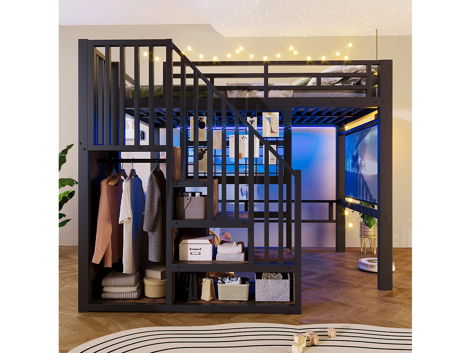 Lit mezzanine en fer - 140 x 200 cm - avec escalier de rangement + penderie + Leds - MDF + métal - noir