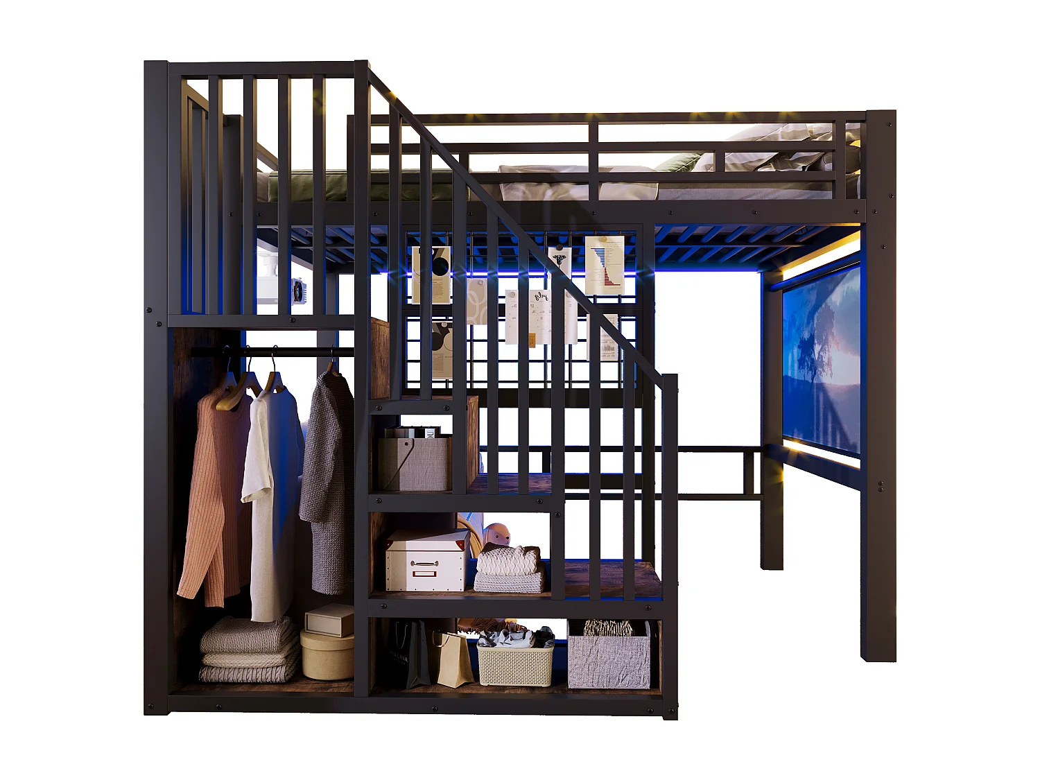 Lit mezzanine en fer - 140 x 200 cm - avec escalier de rangement + penderie + Leds - MDF + métal - noir