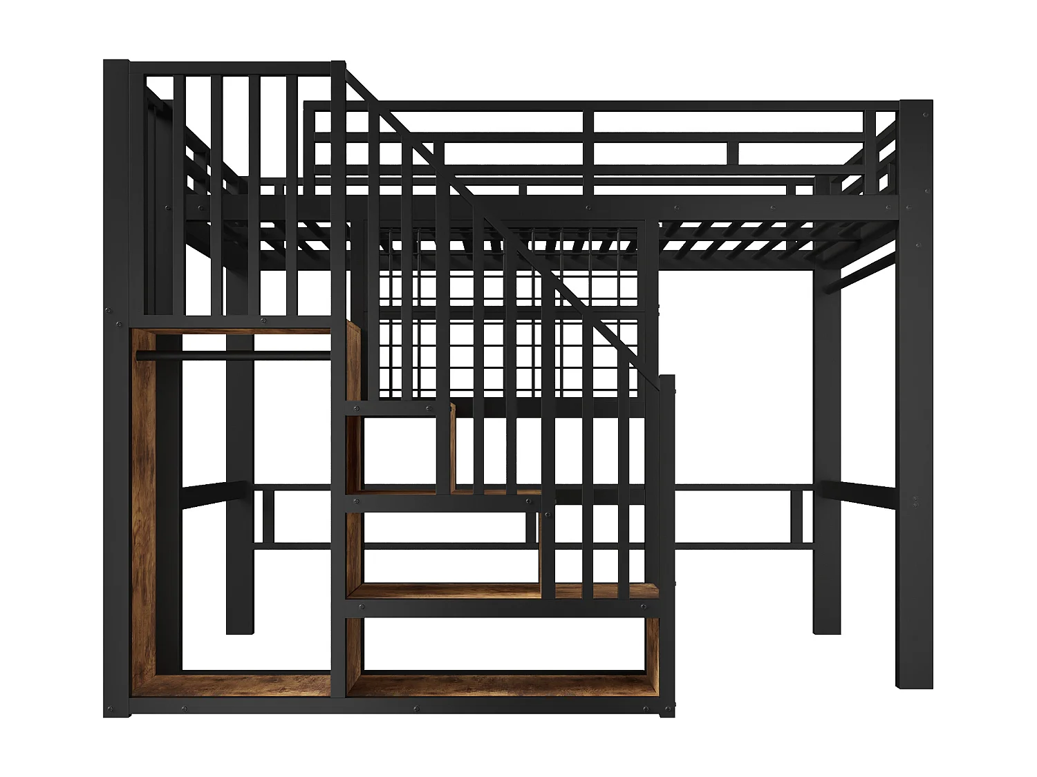 Lit mezzanine en fer - 140 x 200 cm - avec escalier de rangement + penderie + Leds - MDF + métal - noir