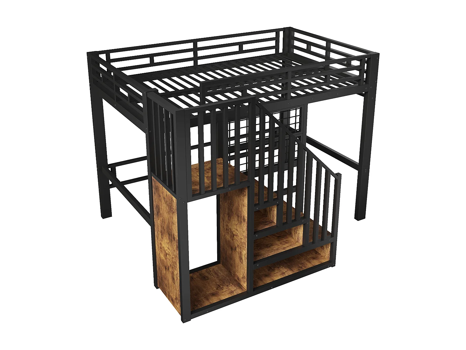 Lit mezzanine en fer - 140 x 200 cm - avec escalier de rangement + penderie + Leds - MDF + métal - noir