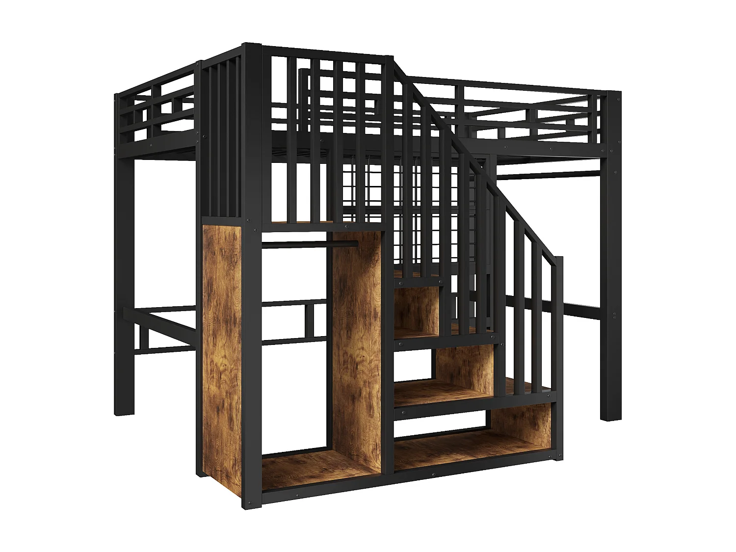 Lit mezzanine en fer - 140 x 200 cm - avec escalier de rangement + penderie + Leds - MDF + métal - noir