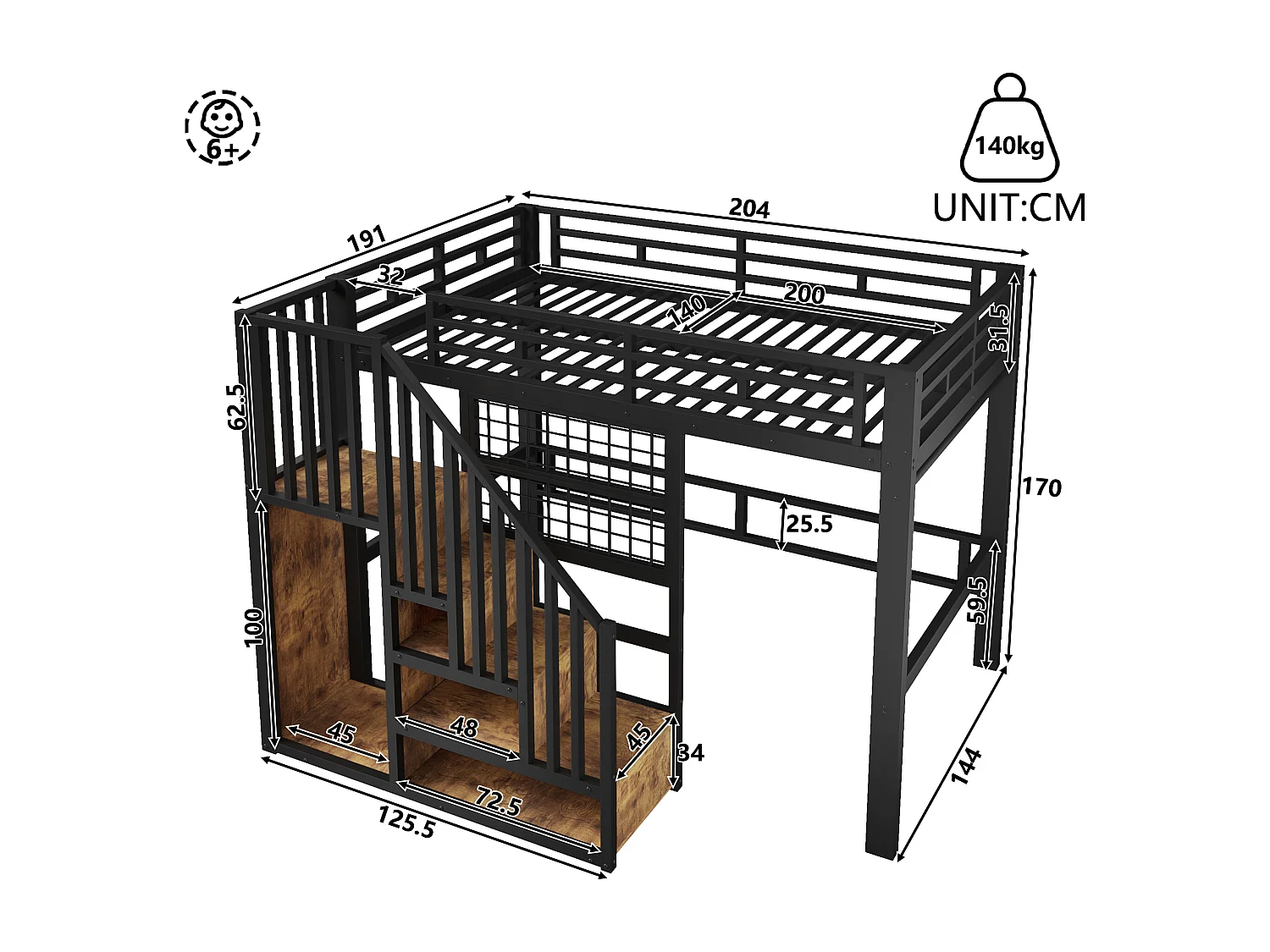 Lit mezzanine en fer - 140 x 200 cm - avec escalier de rangement + penderie + Leds - MDF + métal - noir
