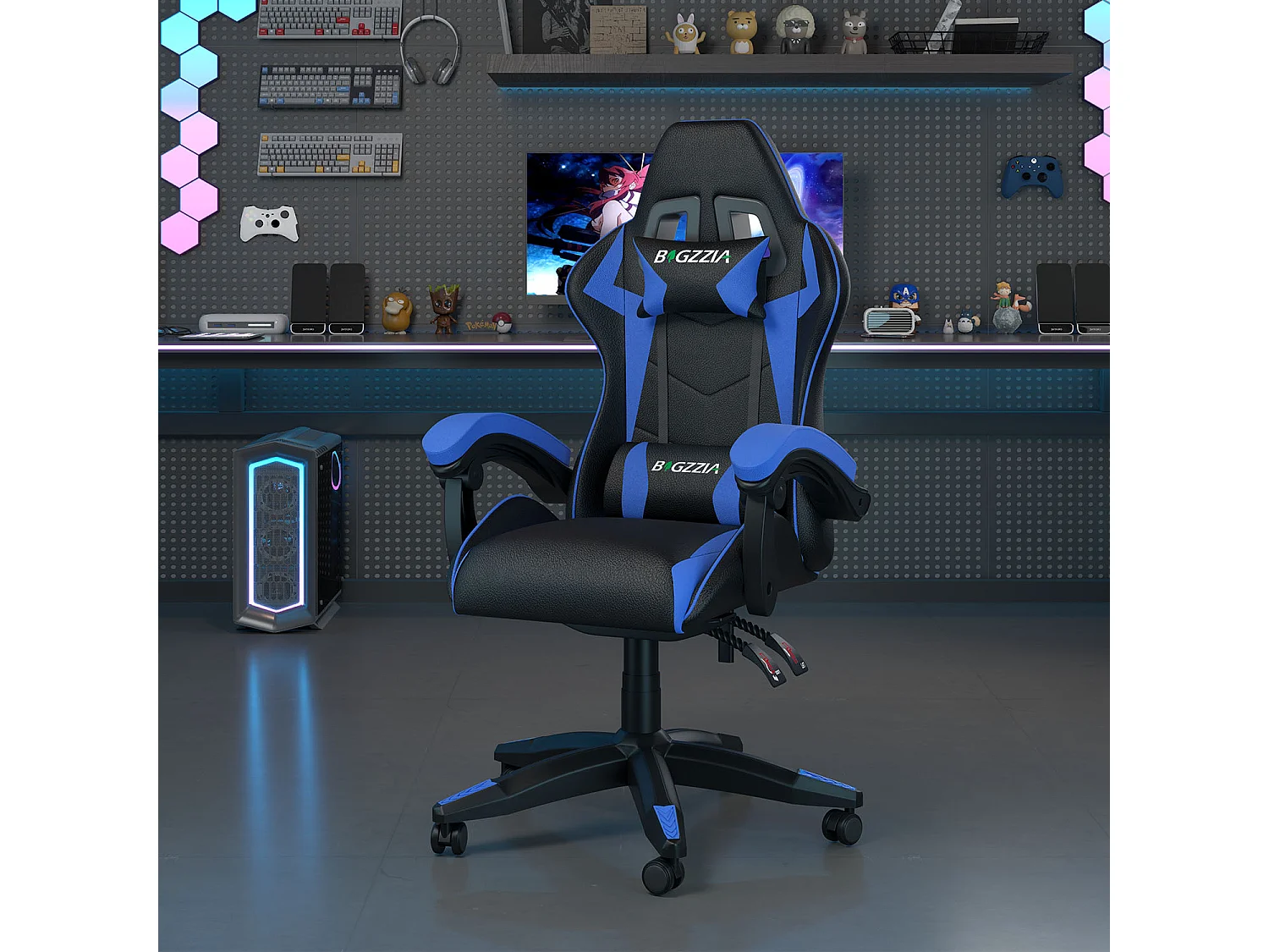 Fauteuil de gaming inclinable à dossier haut en cuir PU, avec appui-tête et soutien lombaire