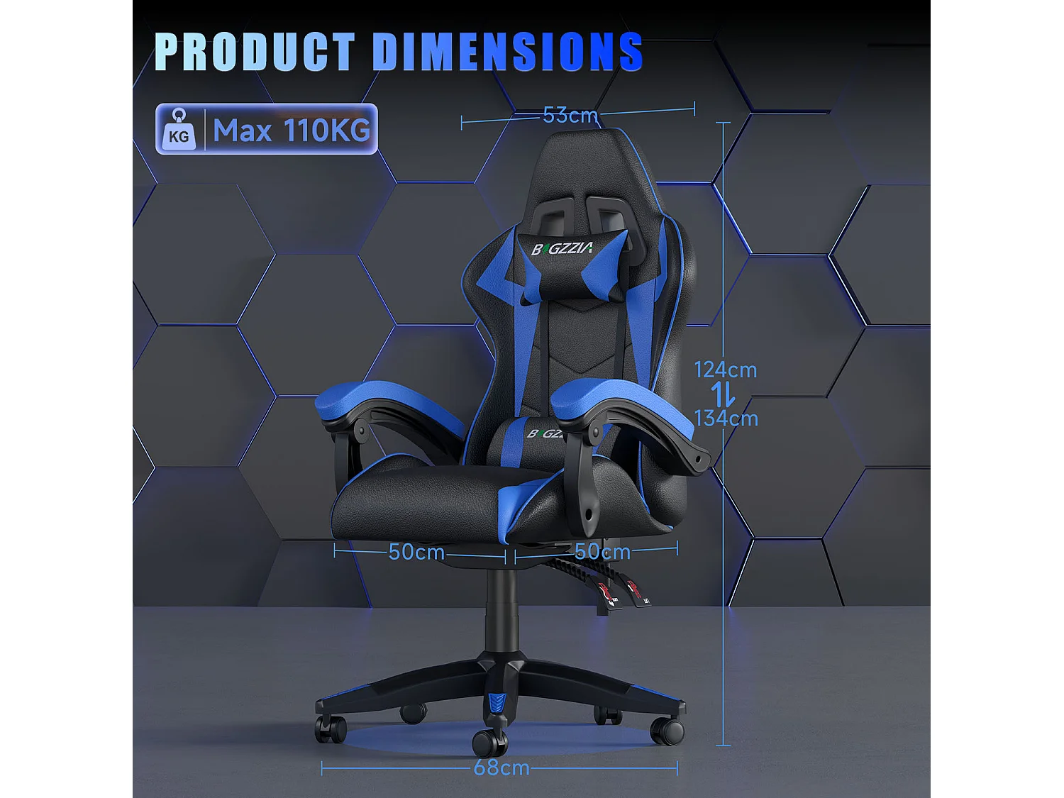 Fauteuil de gaming inclinable à dossier haut en cuir PU, avec appui-tête et soutien lombaire