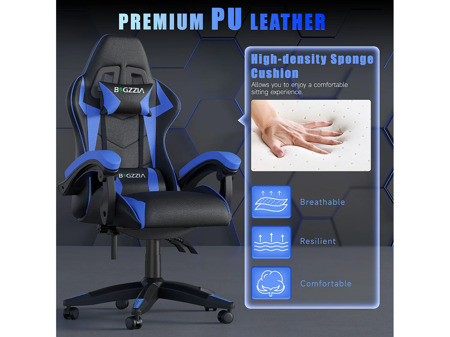 Fauteuil de gaming inclinable à dossier haut en cuir PU, avec appui-tête et soutien lombaire