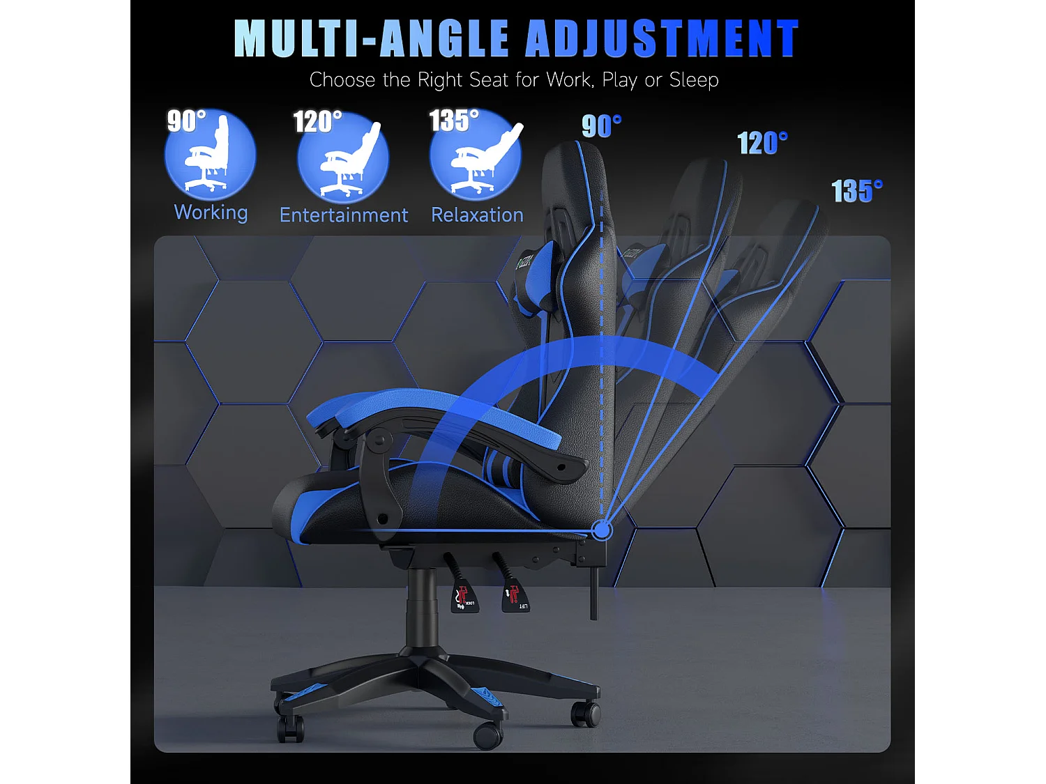 Fauteuil de gaming inclinable à dossier haut en cuir PU, avec appui-tête et soutien lombaire