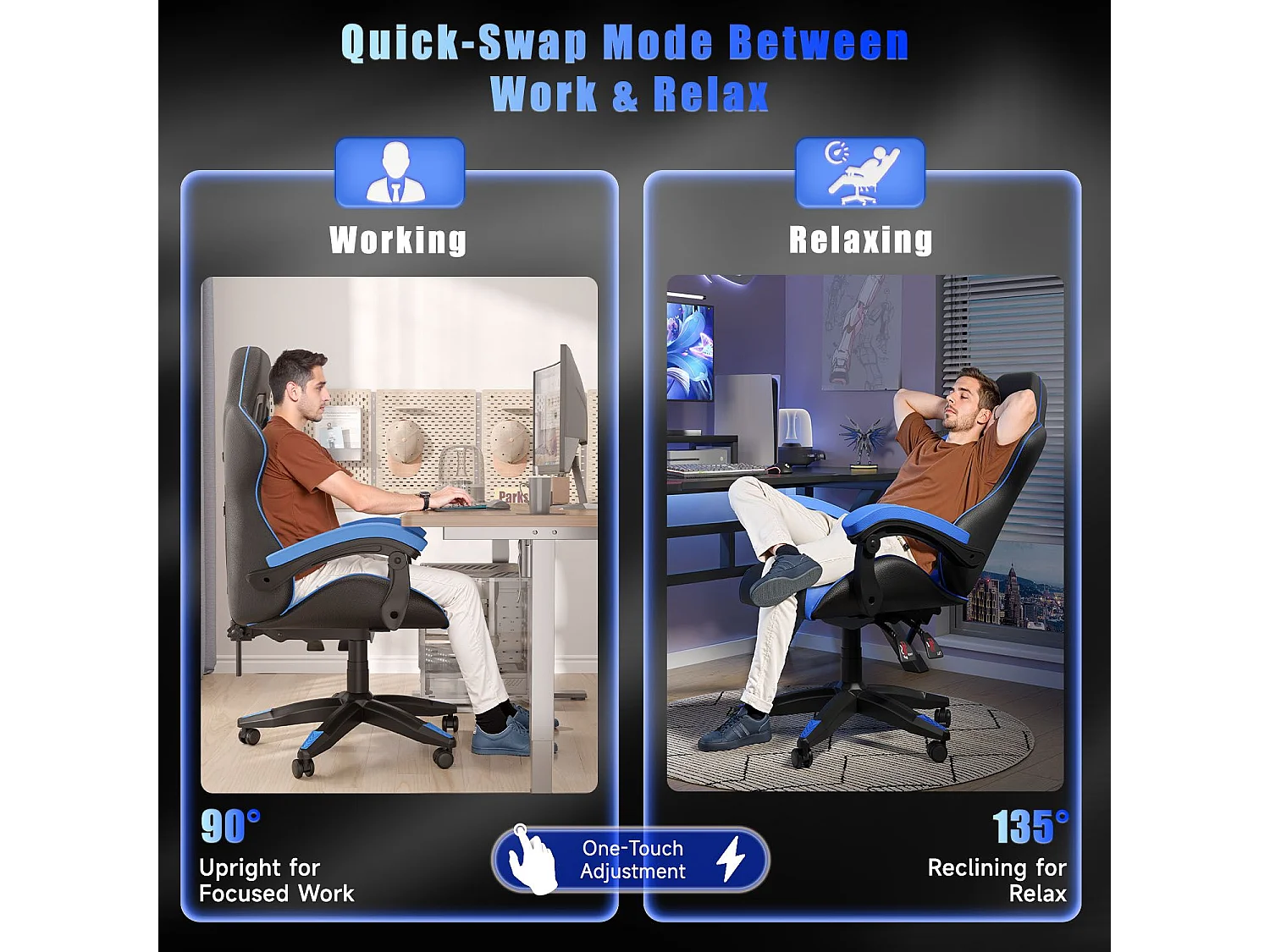 Fauteuil de gaming inclinable à dossier haut en cuir PU, avec appui-tête et soutien lombaire