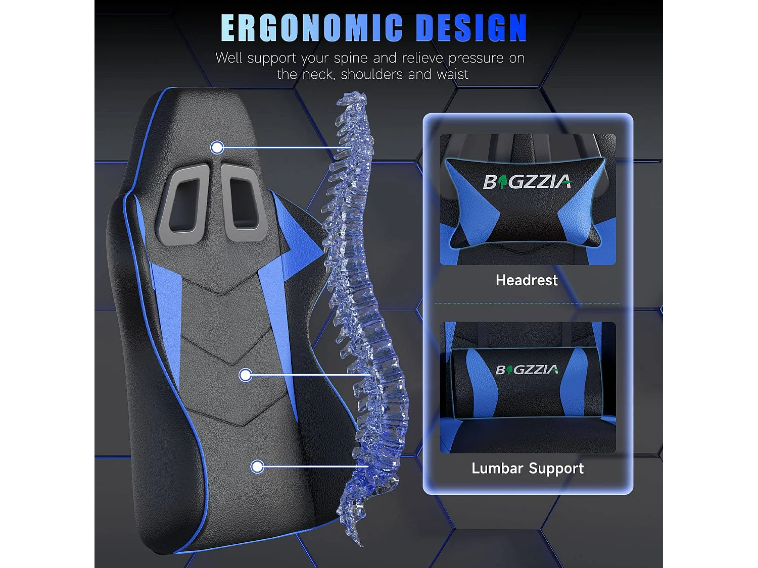 Fauteuil de gaming inclinable à dossier haut en cuir PU, avec appui-tête et soutien lombaire