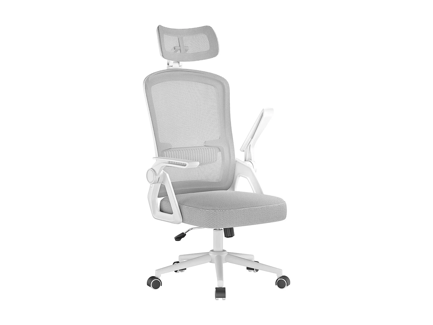 Chaise de bureau ergonomique avec appui-tête réglable, dossier haut en maille, accoudoirs rabattables, soutien lombaire et piètement pivotant