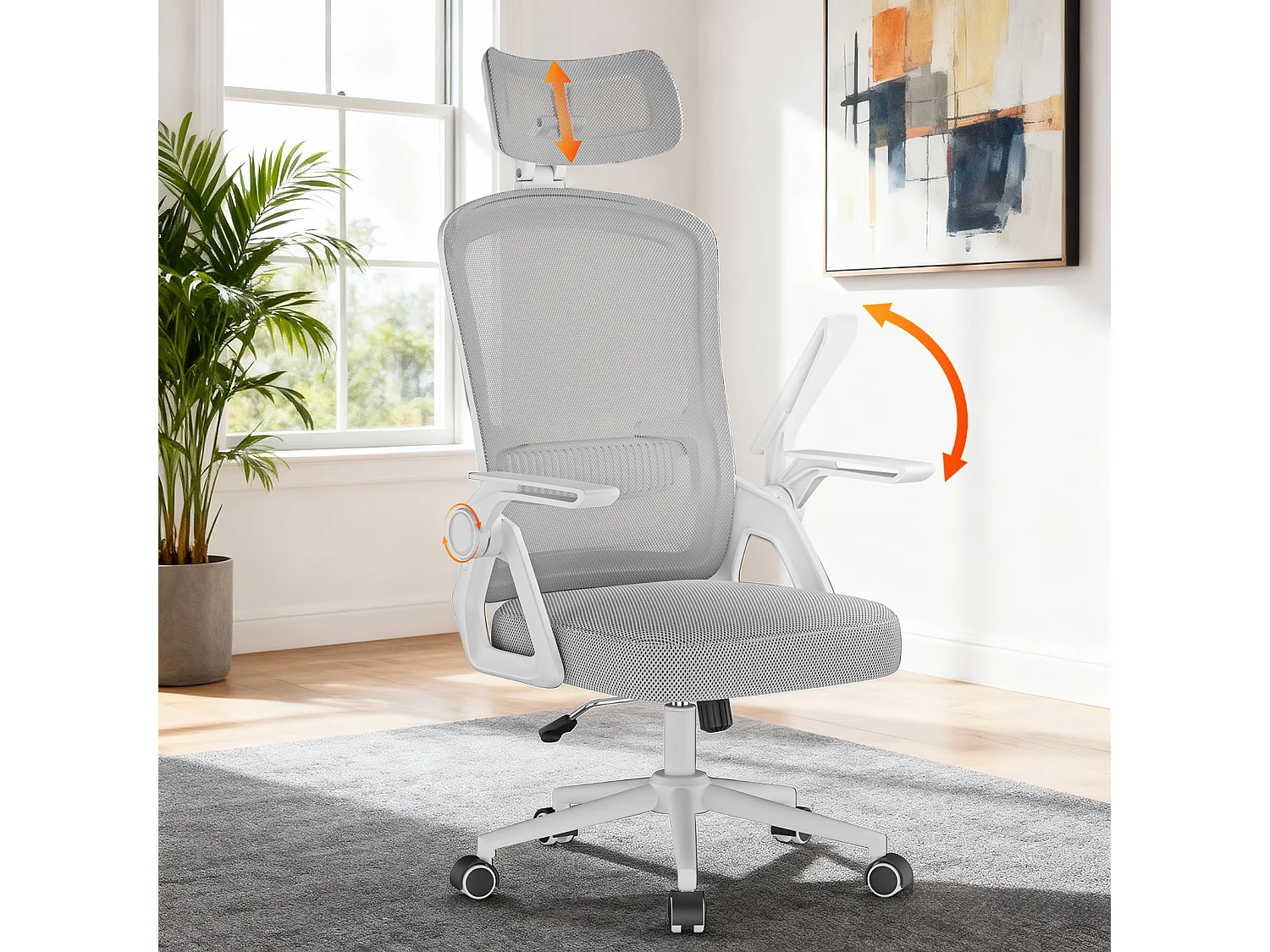 Chaise de bureau ergonomique avec appui-tête réglable, dossier haut en maille, accoudoirs rabattables, soutien lombaire et piètement pivotant