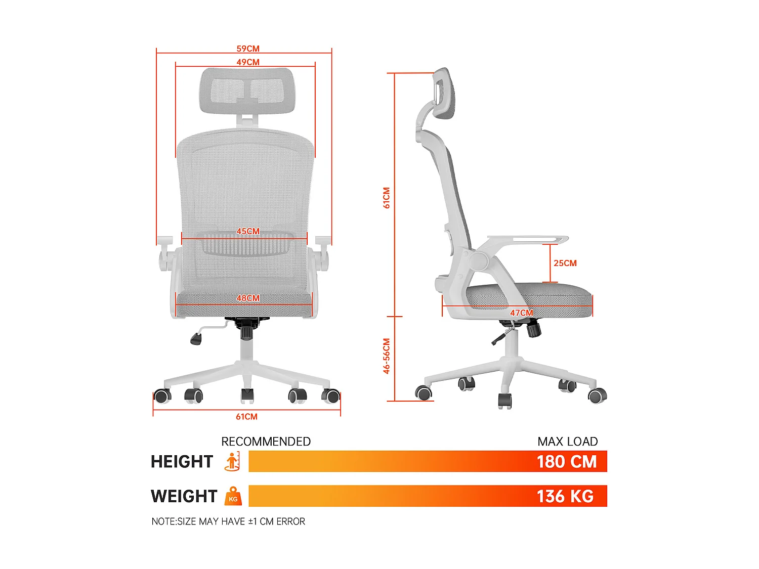 Chaise de bureau ergonomique avec appui-tête réglable, dossier haut en maille, accoudoirs rabattables, soutien lombaire et piètement pivotant
