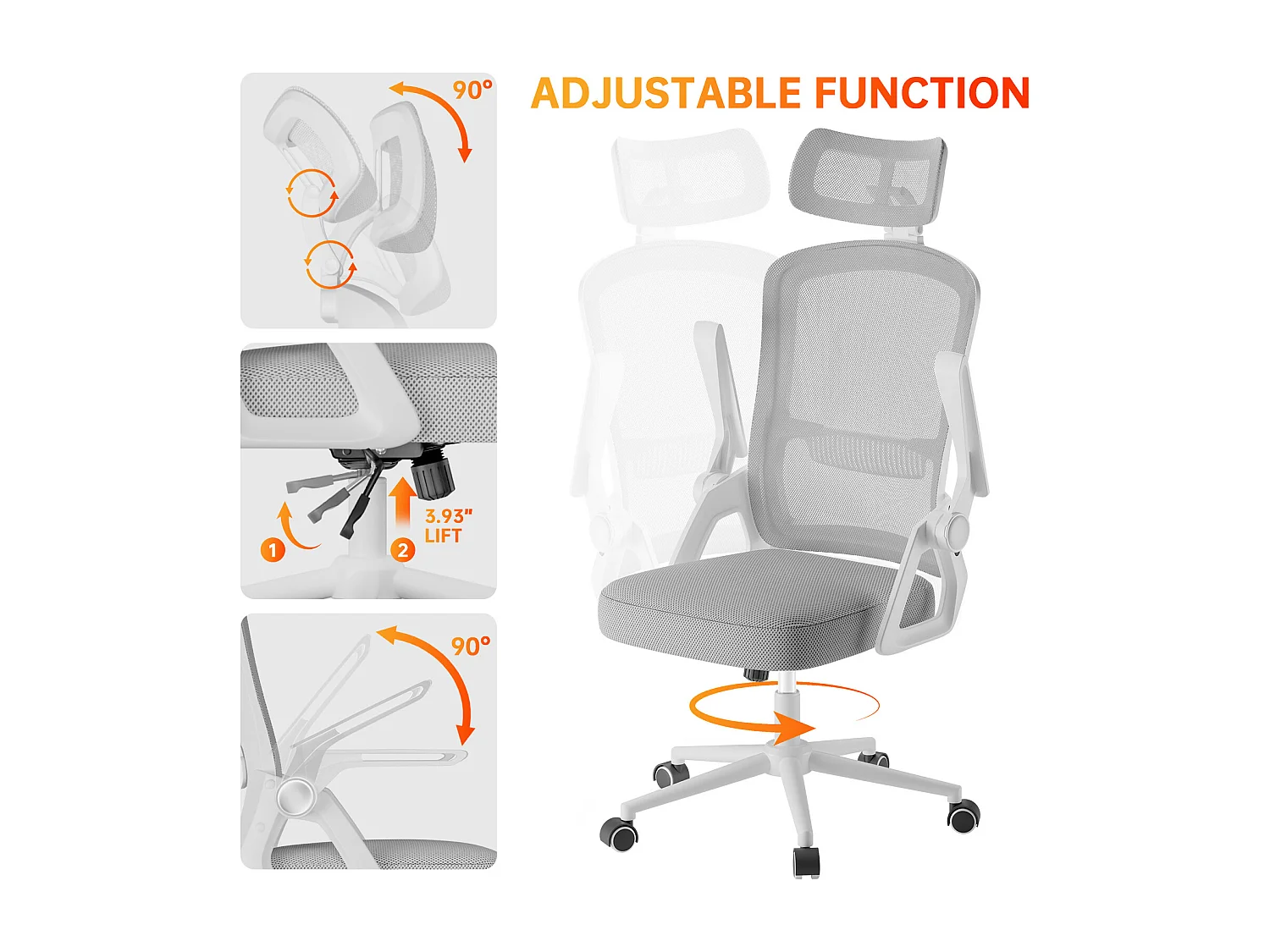 Chaise de bureau ergonomique avec appui-tête réglable, dossier haut en maille, accoudoirs rabattables, soutien lombaire et piètement pivotant