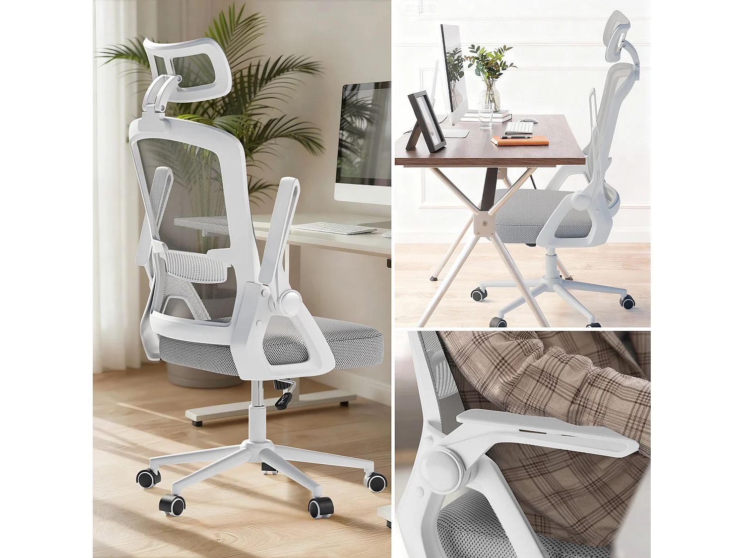 Chaise de bureau ergonomique avec appui-tête réglable, dossier haut en maille, accoudoirs rabattables, soutien lombaire et piètement pivotant