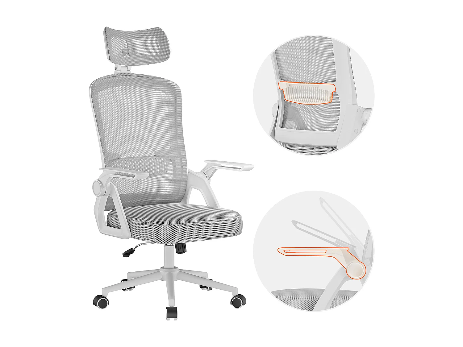 Chaise de bureau ergonomique avec appui-tête réglable, dossier haut en maille, accoudoirs rabattables, soutien lombaire et piètement pivotant