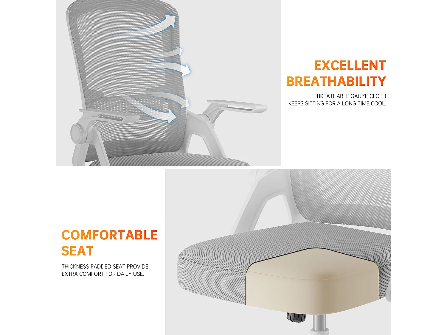 Chaise de bureau ergonomique avec appui-tête réglable, dossier haut en maille, accoudoirs rabattables, soutien lombaire et piètement pivotant