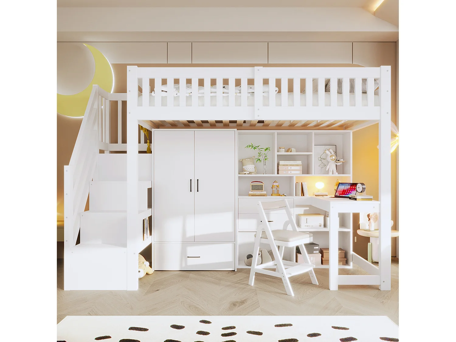 Lit mezzanine enfant 90x200 cm avec bureau, armoire, tiroirs et étagères - Blanc