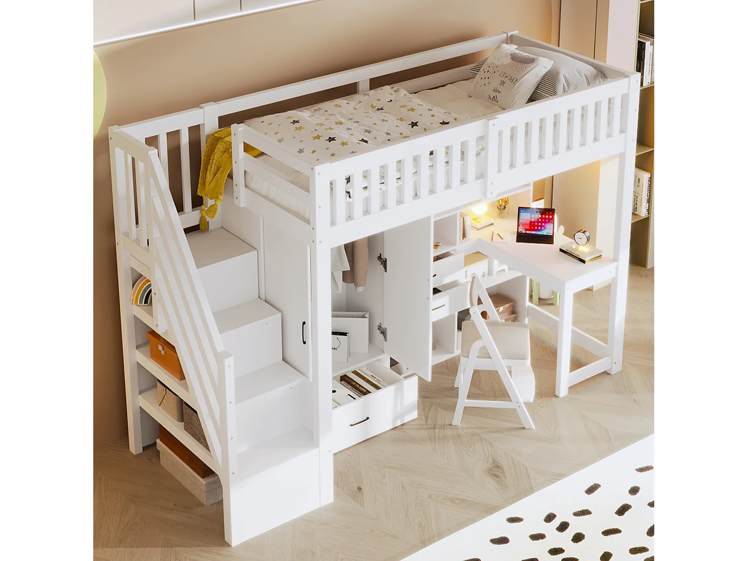 Lit mezzanine enfant 90x200 cm avec bureau, armoire, tiroirs et étagères - Blanc