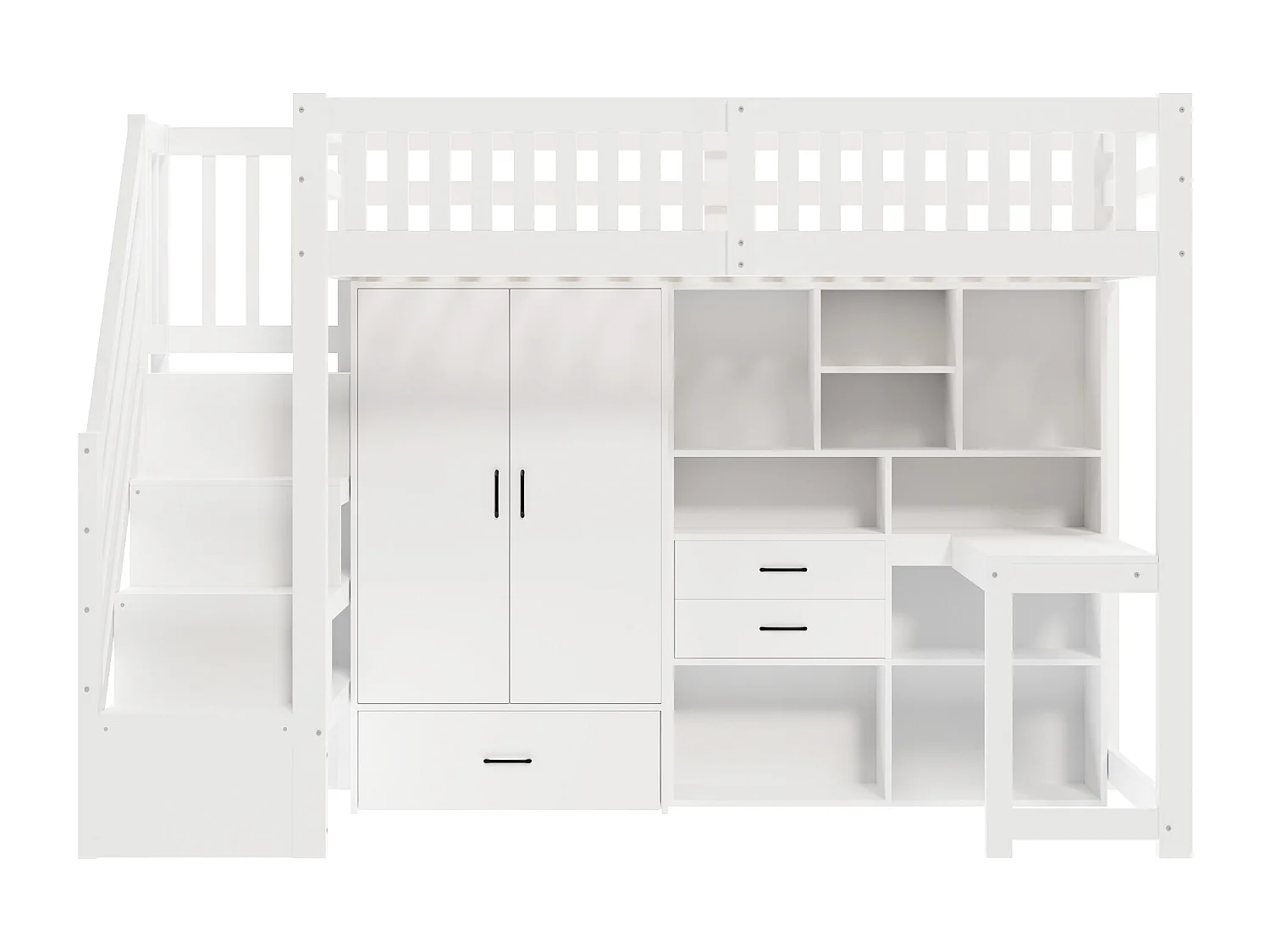 Lit mezzanine enfant 90x200 cm avec bureau, armoire, tiroirs et étagères - Blanc