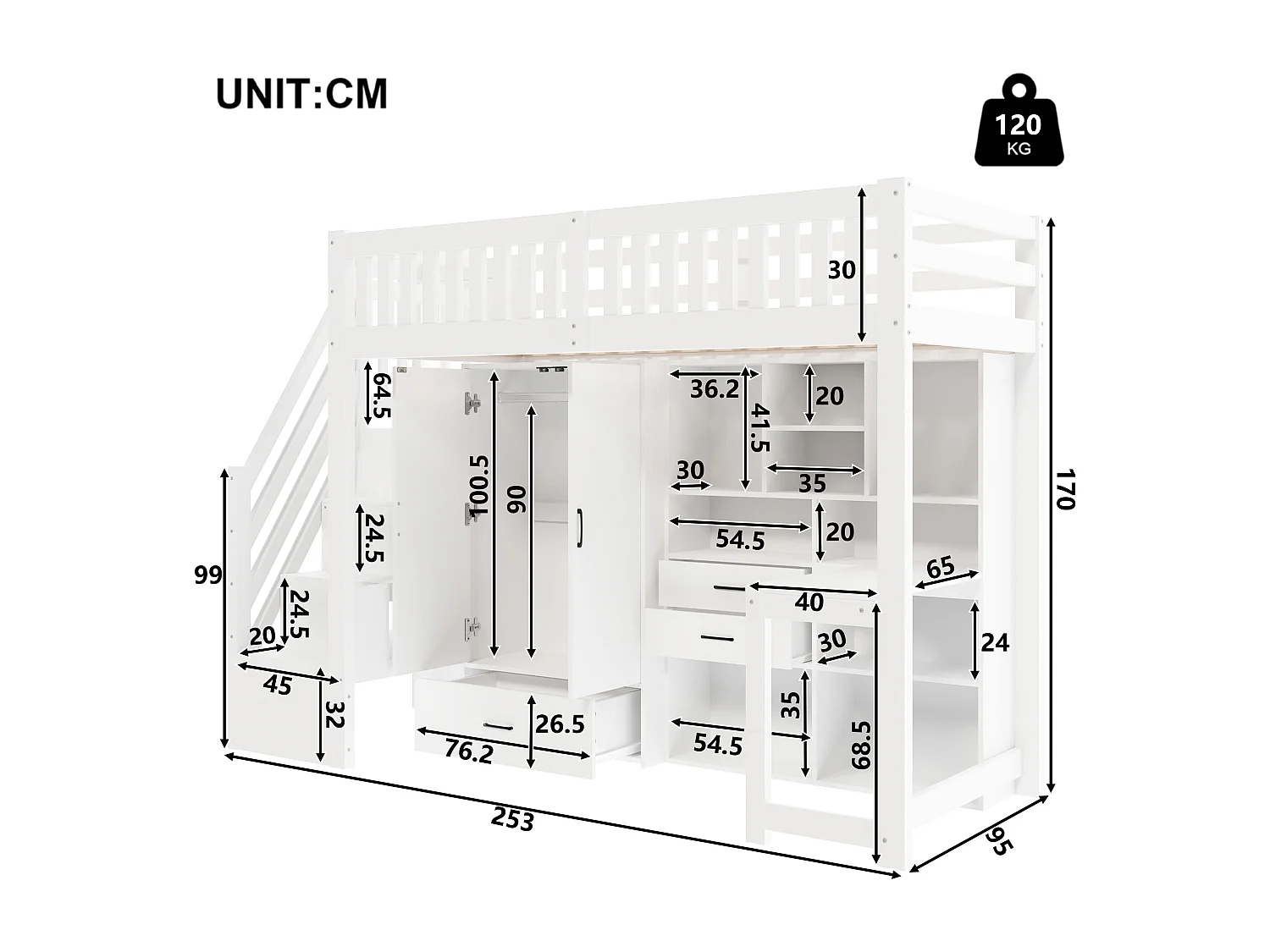 Lit mezzanine enfant 90x200 cm avec bureau, armoire, tiroirs et étagères - Blanc